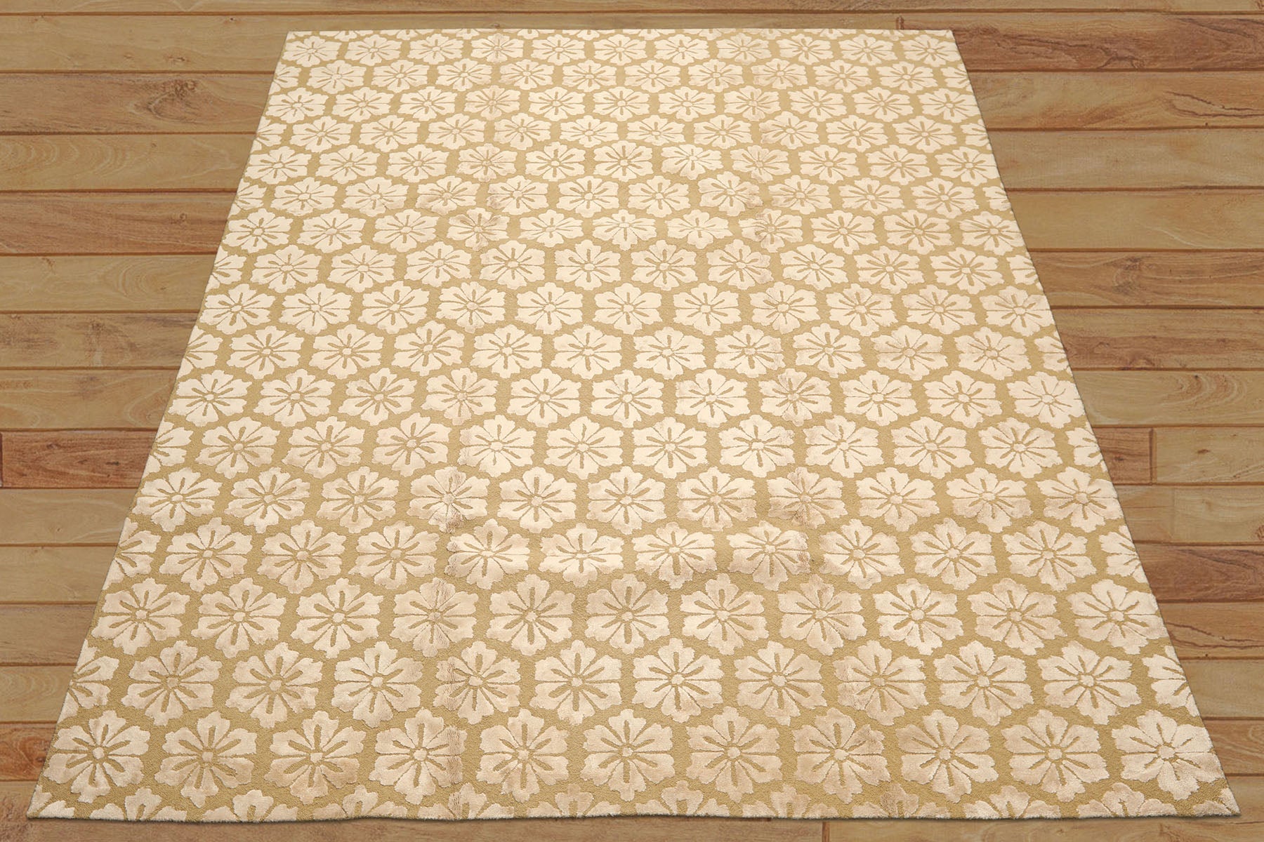 8x10 Tone on Tone Beige, , Color Hand Loomed Tibetan Wool & Bamboo Silk Transitional Oriental Rug