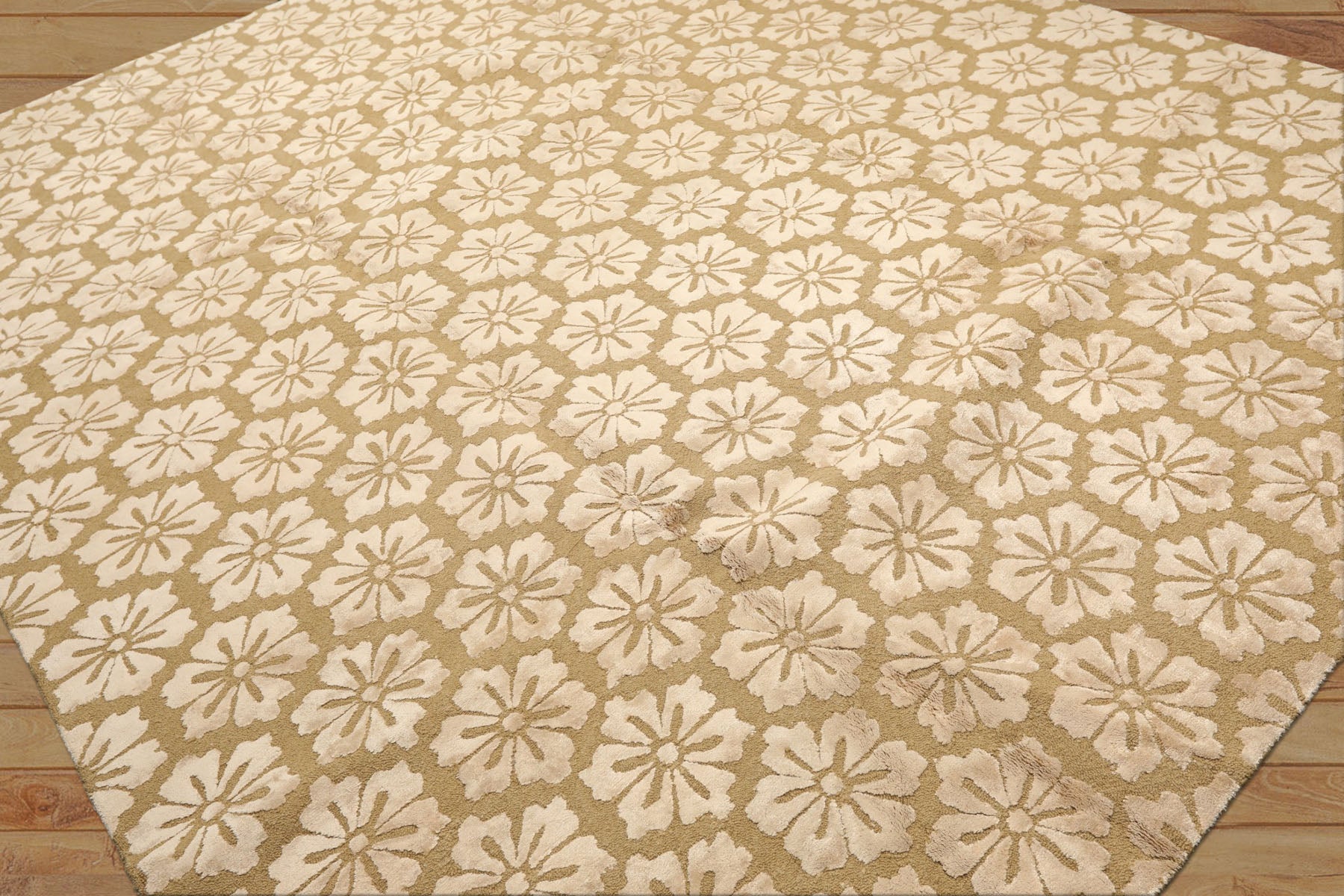 8x10 Tone on Tone Beige, , Color Hand Loomed Tibetan Wool & Bamboo Silk Transitional Oriental Rug