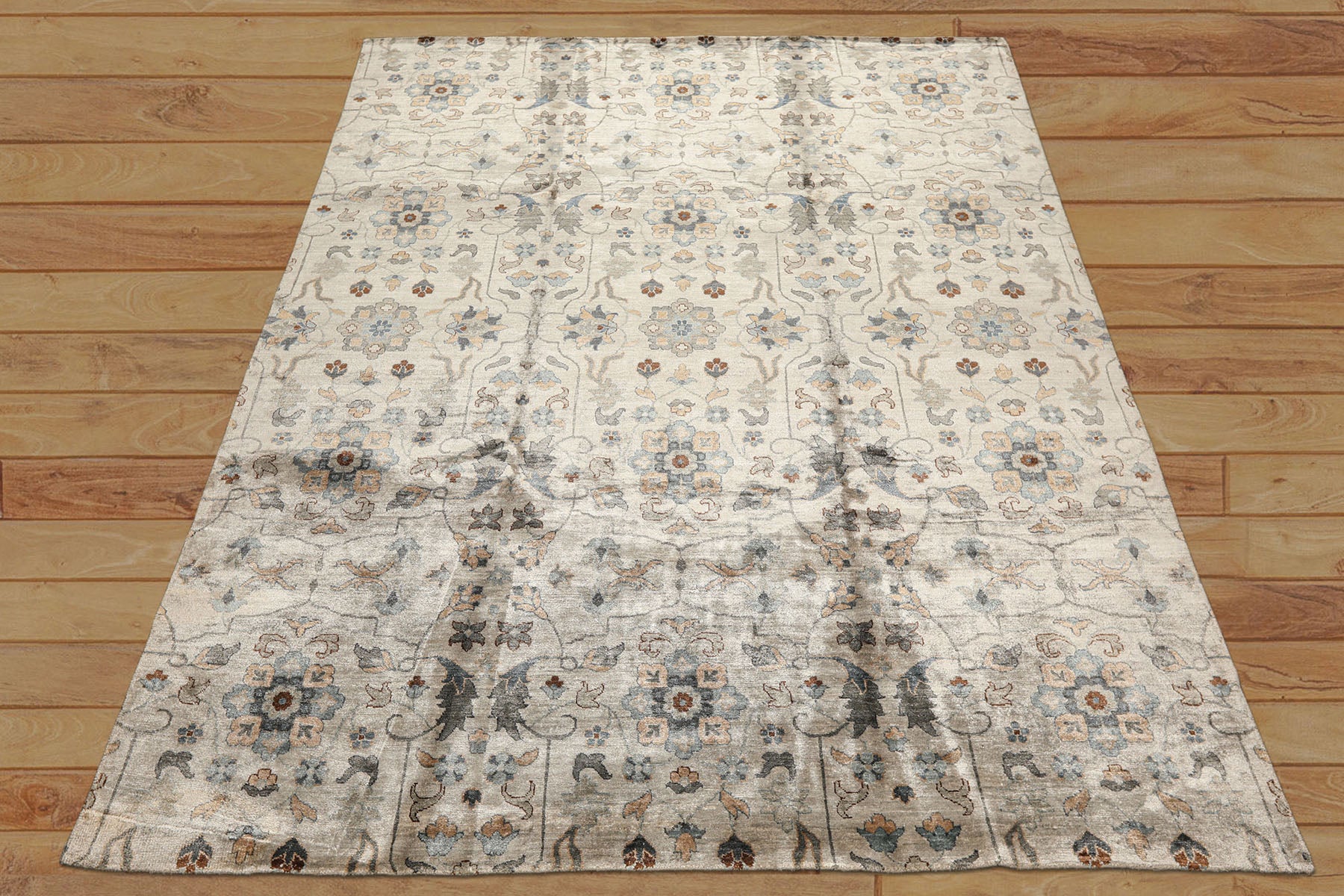 8x10 Gray, Aqua, Tan Color Hand Knotted Oushak 100% Bamboo Silk Transitional Oriental Rug