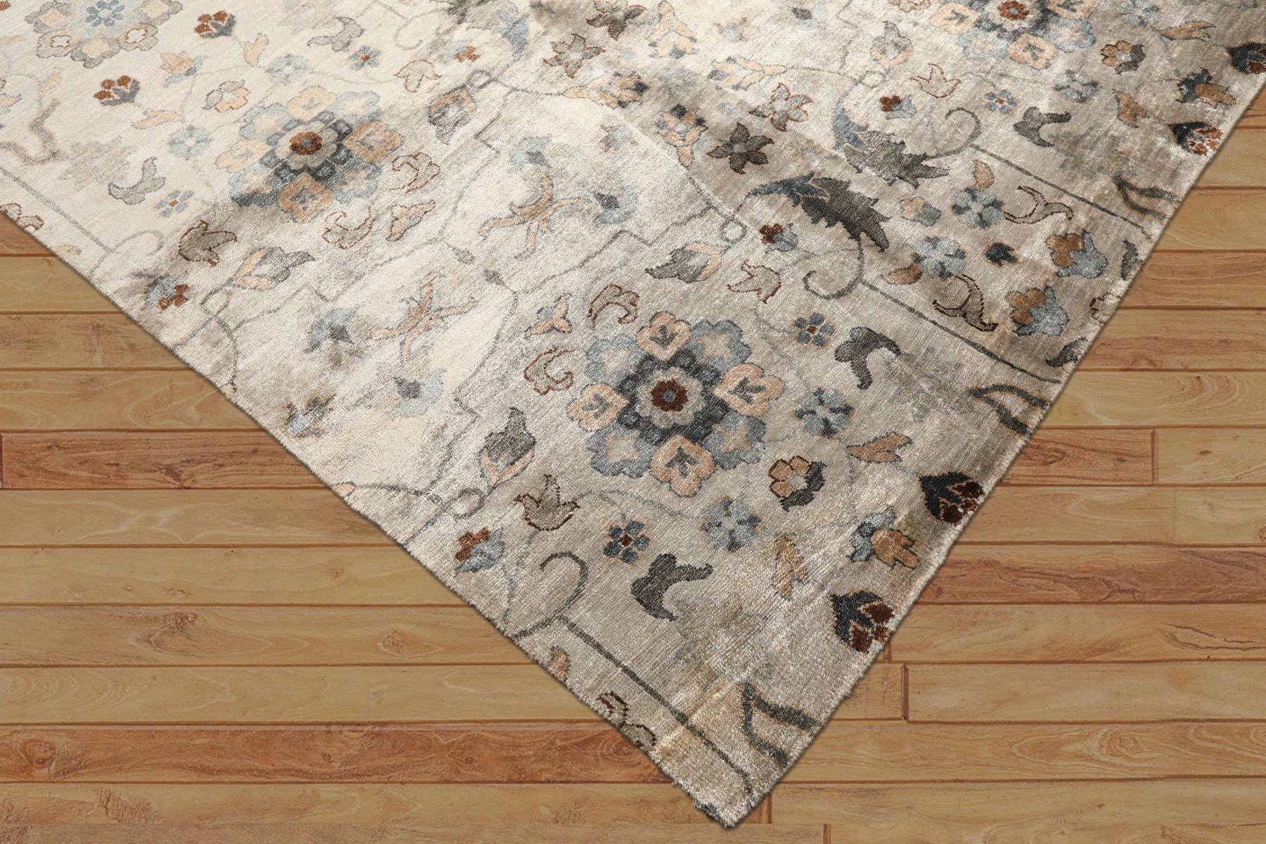 8x10 Gray, Aqua, Tan Color Hand Knotted Oushak 100% Bamboo Silk Transitional Oriental Rug