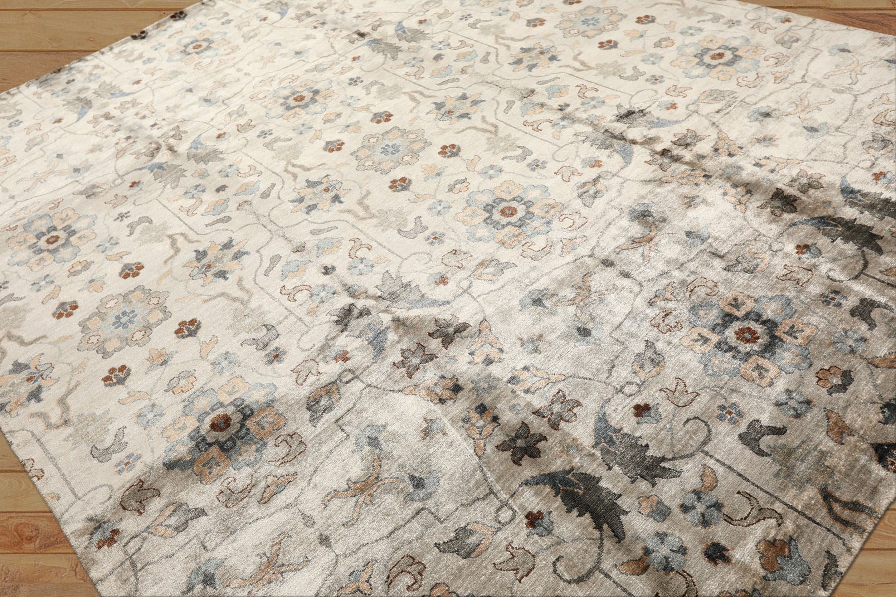 8x10 Gray, Aqua, Tan Color Hand Knotted Oushak 100% Bamboo Silk Transitional Oriental Rug