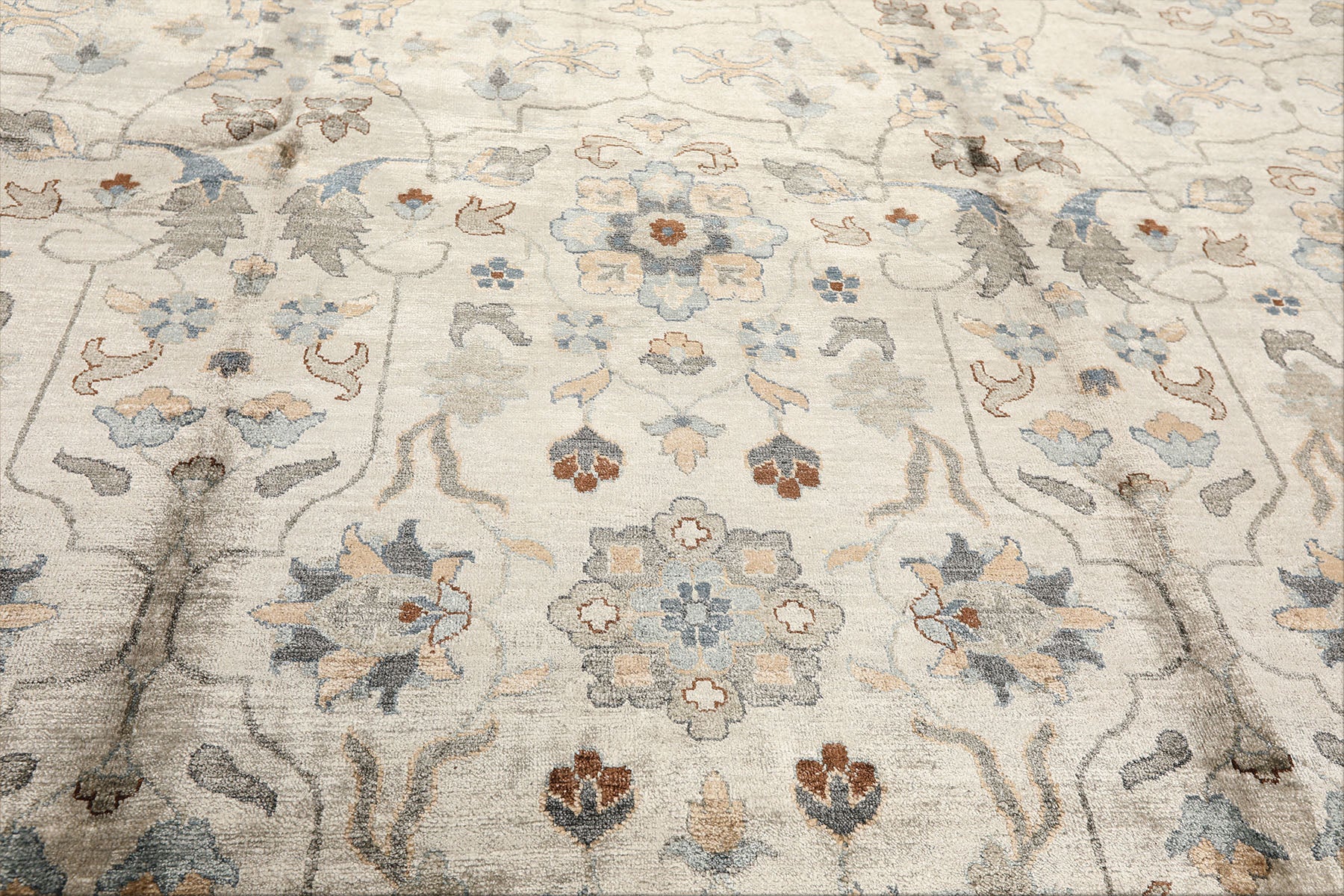 8x10 Gray, Aqua, Tan Color Hand Knotted Oushak 100% Bamboo Silk Transitional Oriental Rug