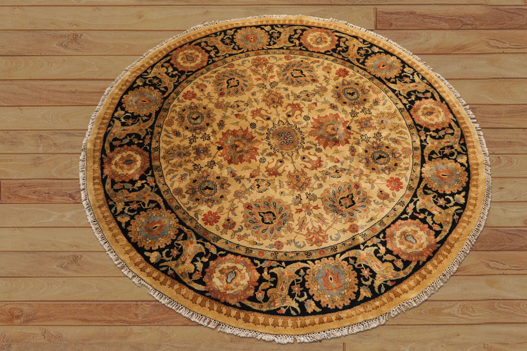 8' Round Gold, Black, Aqua Color Hand Knotted Agra Wool Traditional Oriental Rug