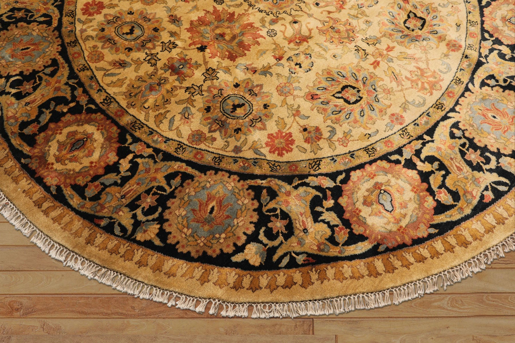 8' Round Gold, Black, Aqua Color Hand Knotted Agra Wool Traditional Oriental Rug