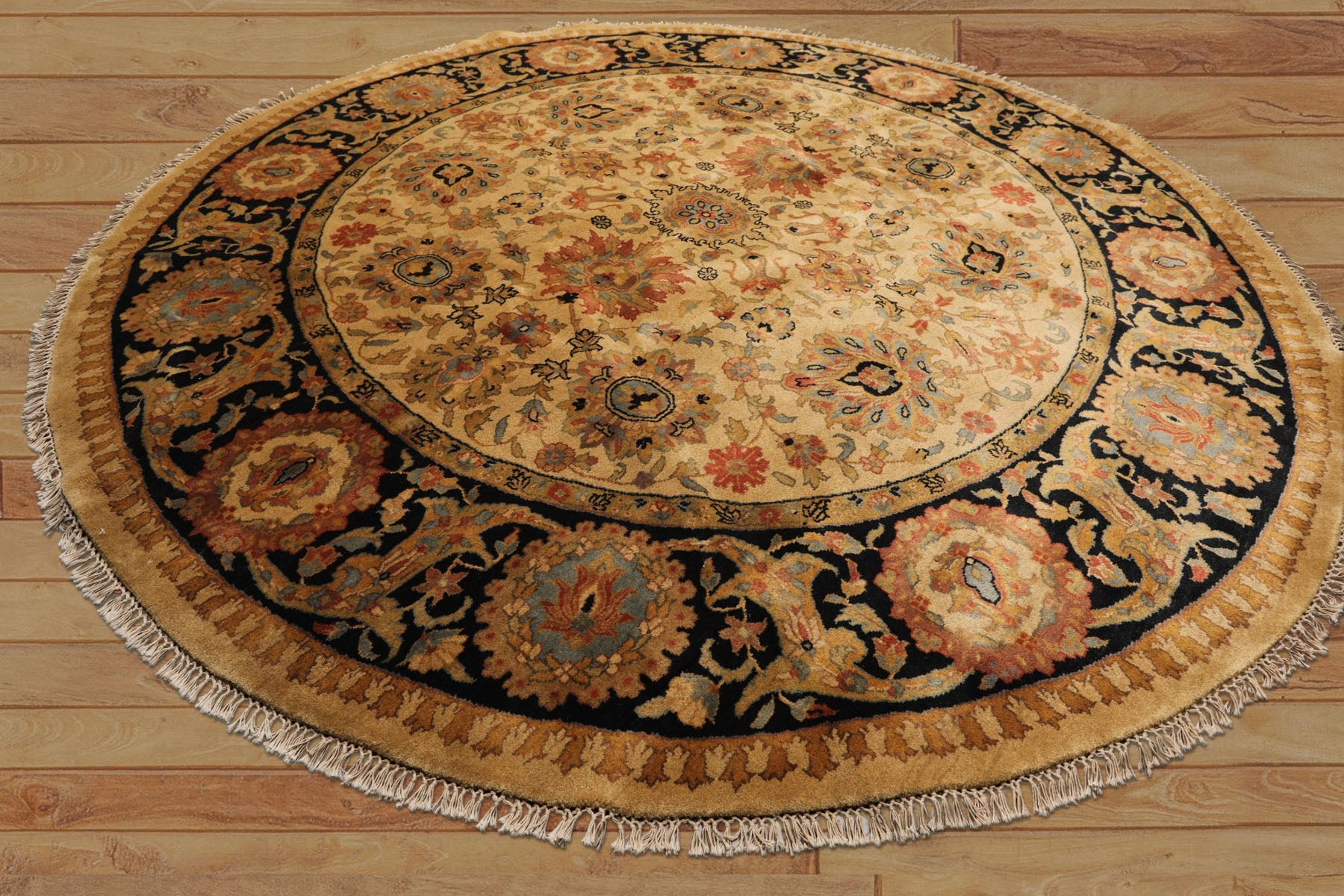 8' Round Gold, Black, Aqua Color Hand Knotted Agra Wool Traditional Oriental Rug