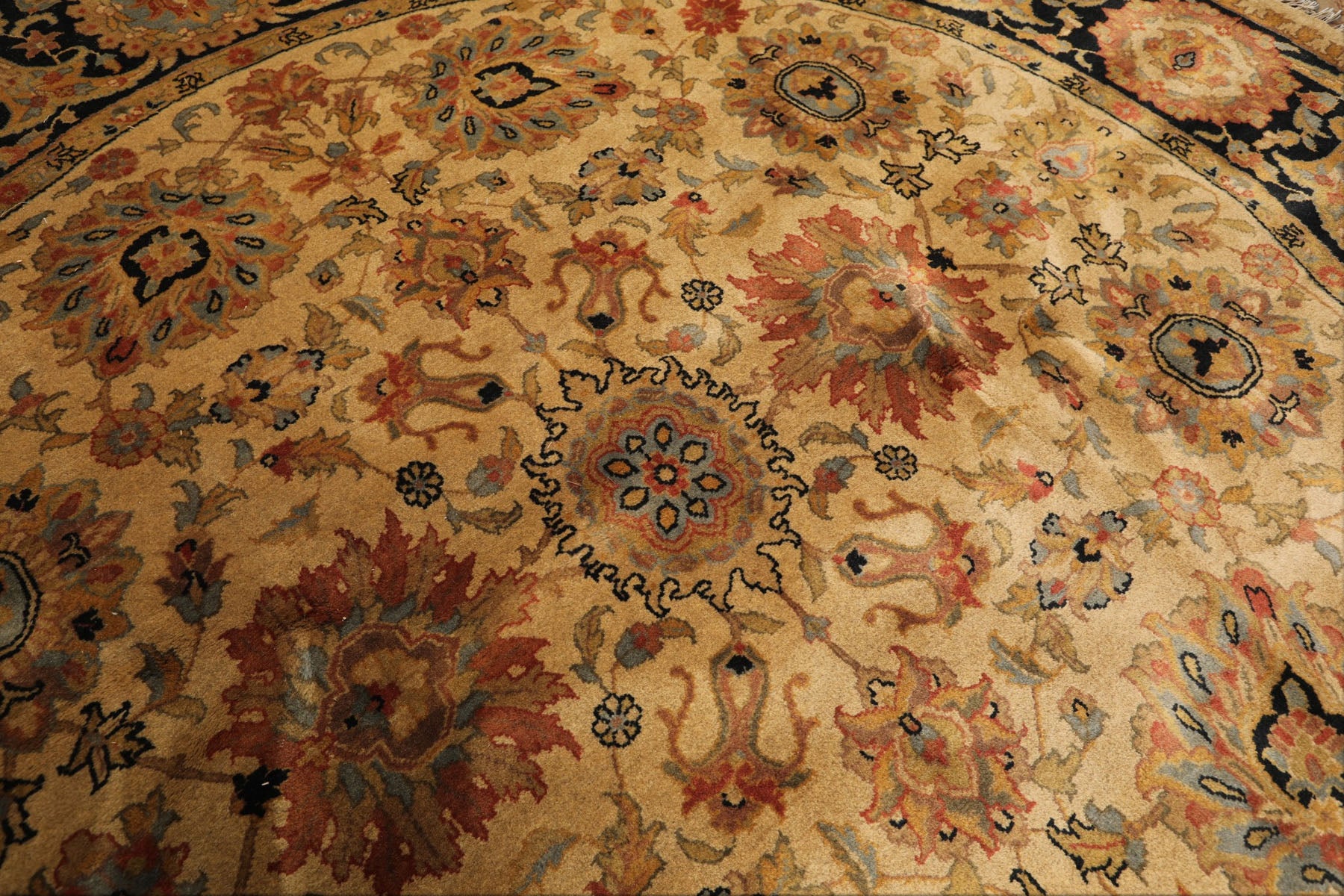 8' Round Gold, Black, Aqua Color Hand Knotted Agra Wool Traditional Oriental Rug