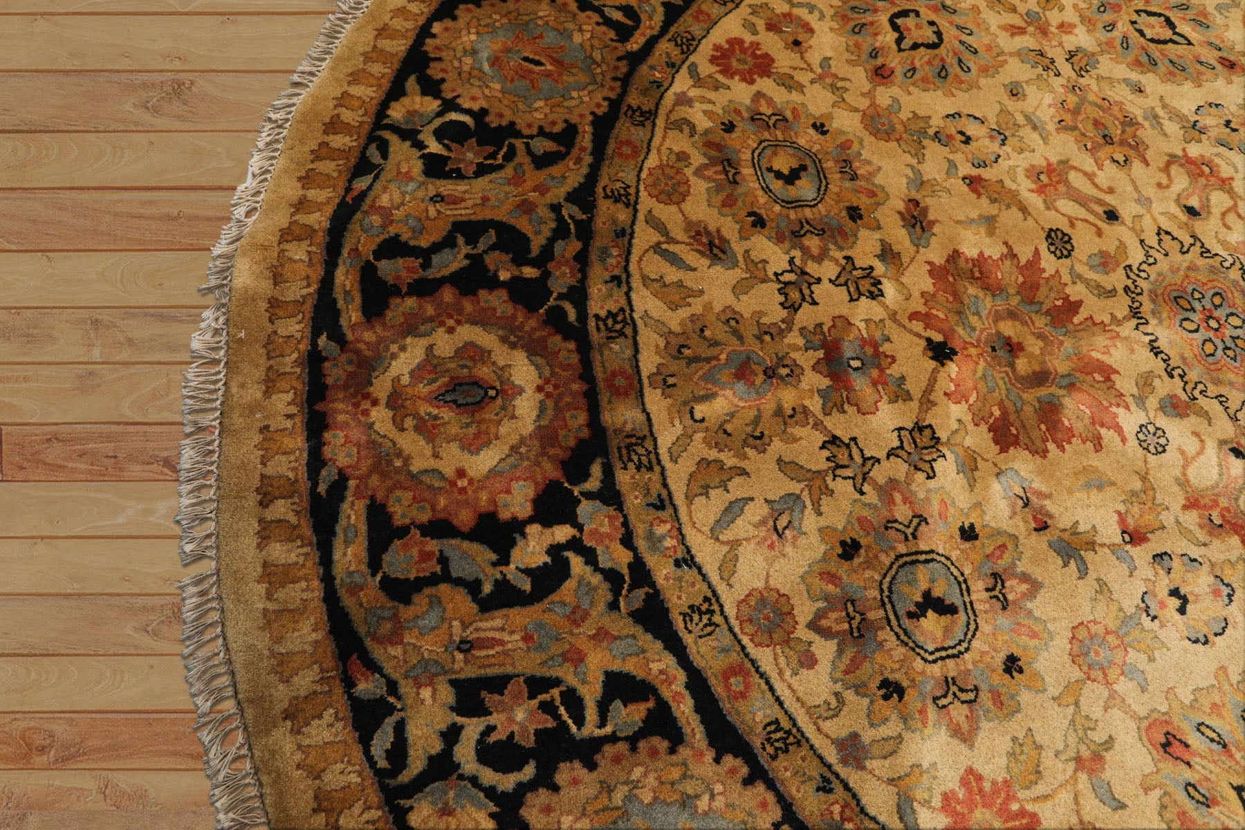 8' Round Gold, Black, Aqua Color Hand Knotted Agra Wool Traditional Oriental Rug