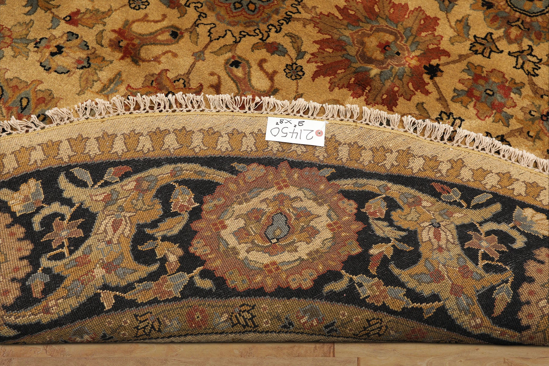 8' Round Gold, Black, Aqua Color Hand Knotted Agra Wool Traditional Oriental Rug