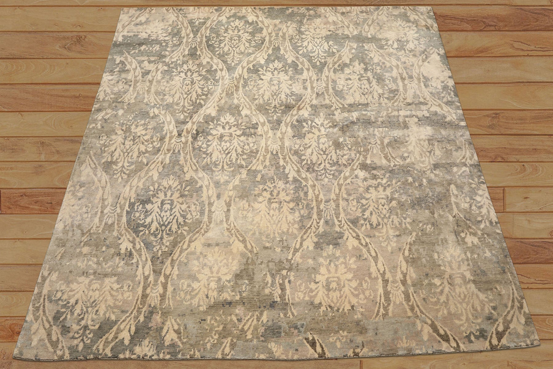 8' Square Beige, Gray, Taupe Color Hand Knotted Tibetan Wool Transitional Oriental Rug
