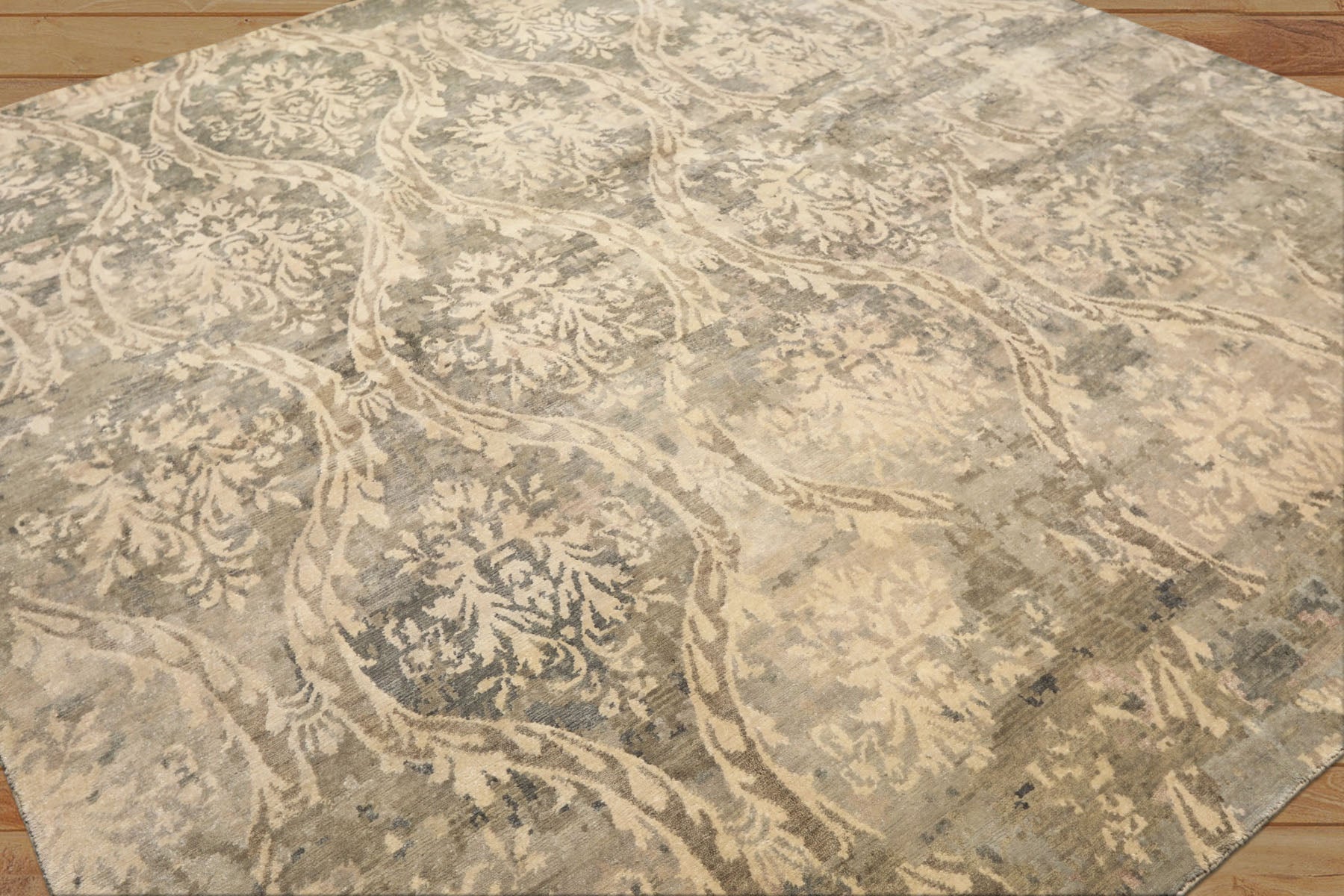 8' Square Beige, Gray, Taupe Color Hand Knotted Tibetan Wool Transitional Oriental Rug