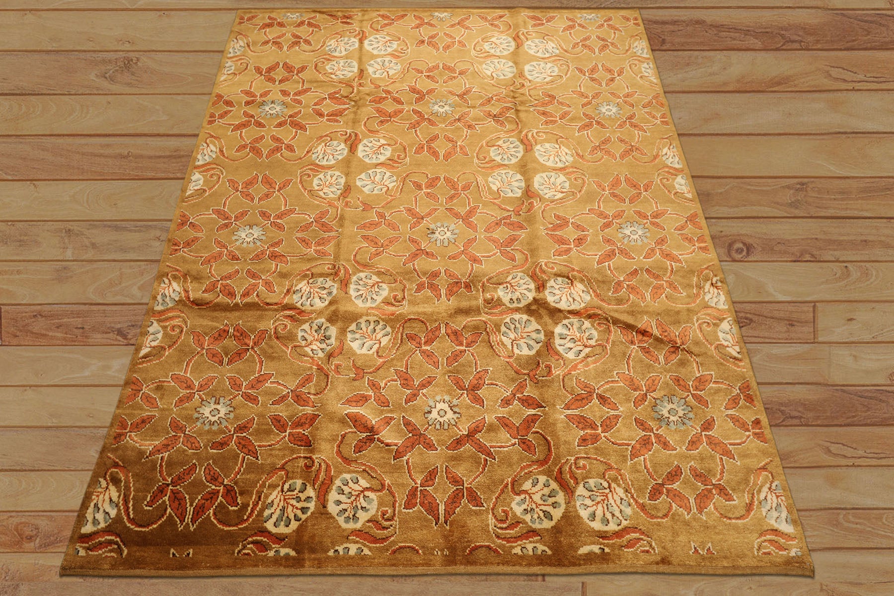 8x10 Gold, Orange, Aqua Color Hand Knotted Tibetan Wool Transitional Oriental Rug