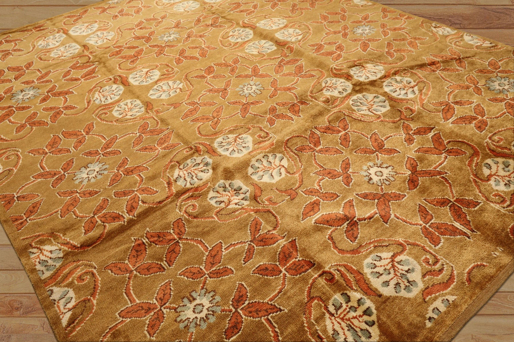8x10 Gold, Orange, Aqua Color Hand Knotted Tibetan Wool Transitional Oriental Rug