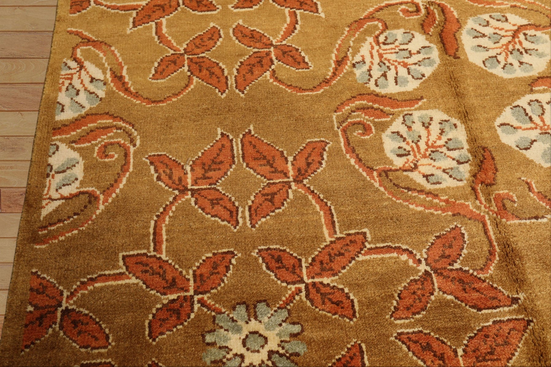 8x10 Gold, Orange, Aqua Color Hand Knotted Tibetan Wool Transitional Oriental Rug