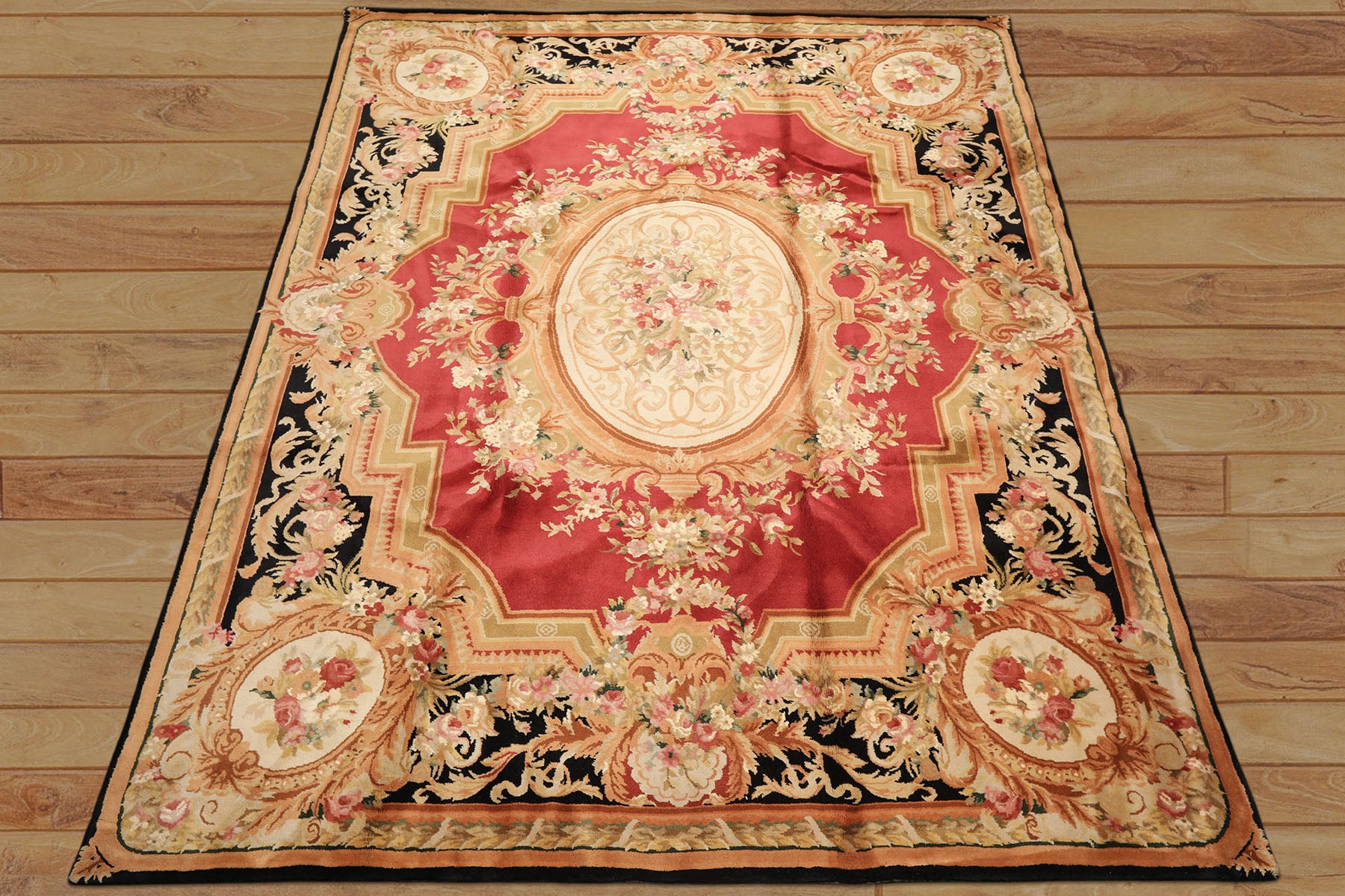 8x10 Rose, Black, Gold Color Hand Knotted French Aubusson Savonnerie Wool Traditional Oriental Rug