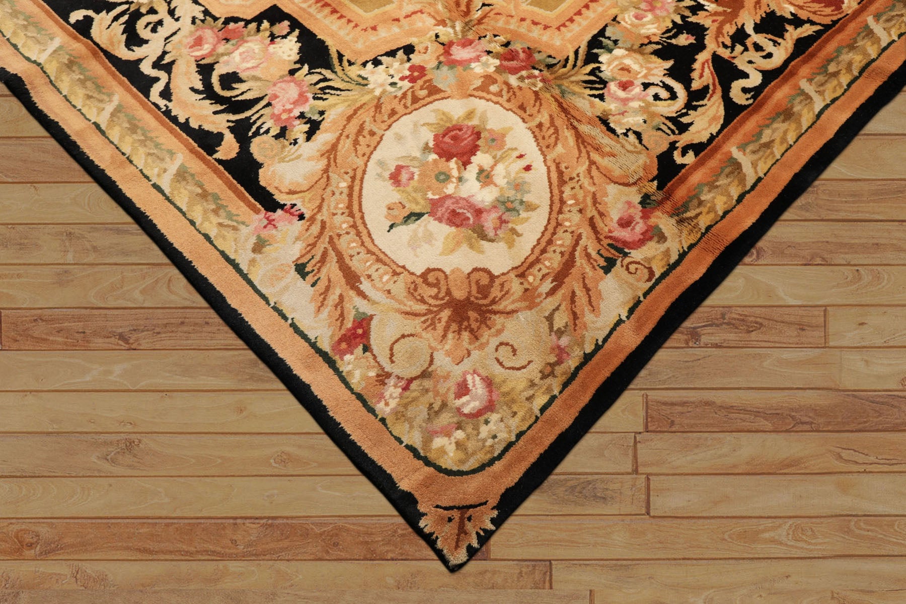 8x10 Rose, Black, Gold Color Hand Knotted French Aubusson Savonnerie Wool Traditional Oriental Rug
