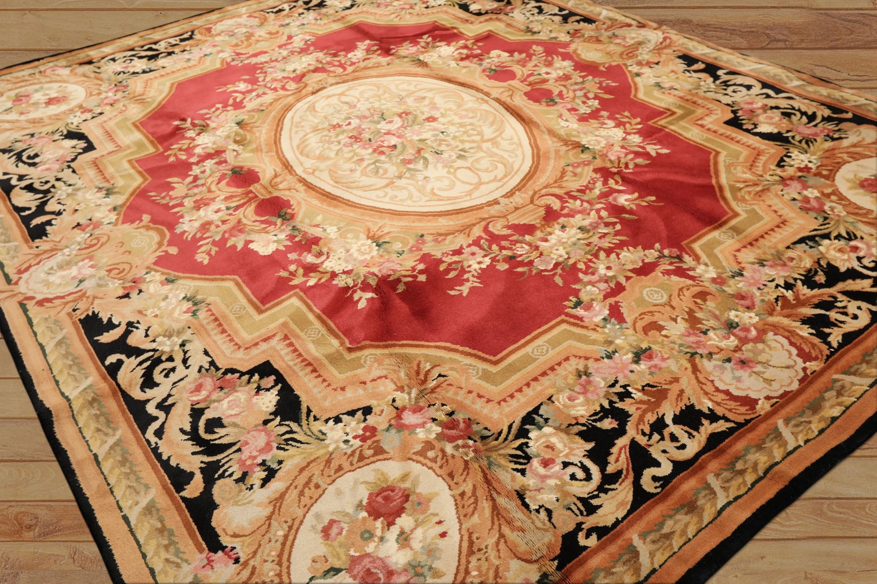 8x10 Rose, Black, Gold Color Hand Knotted French Aubusson Savonnerie Wool Traditional Oriental Rug