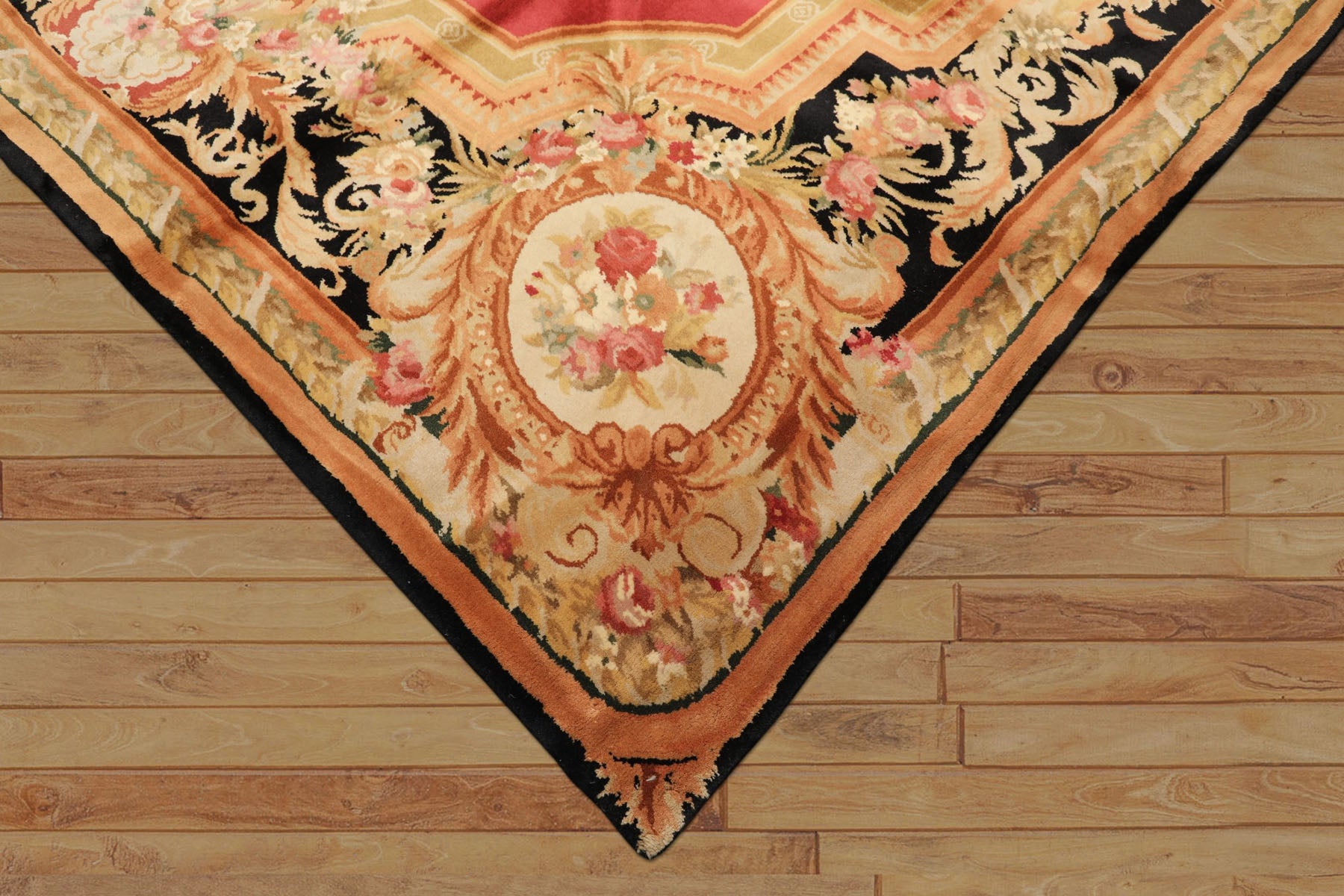 8x10 Rose, Black, Gold Color Hand Knotted French Aubusson Savonnerie Wool Traditional Oriental Rug