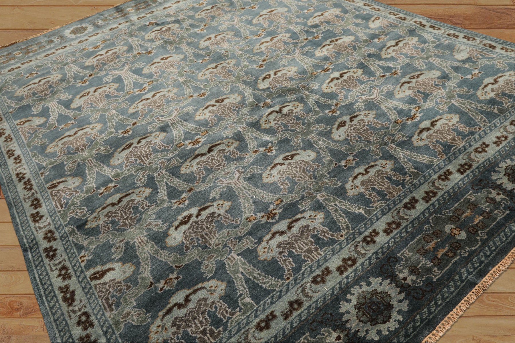 8x10 Aqua, Taupe, Brown Color Hand Knotted Tibetan Wool Traditional Oriental Rug