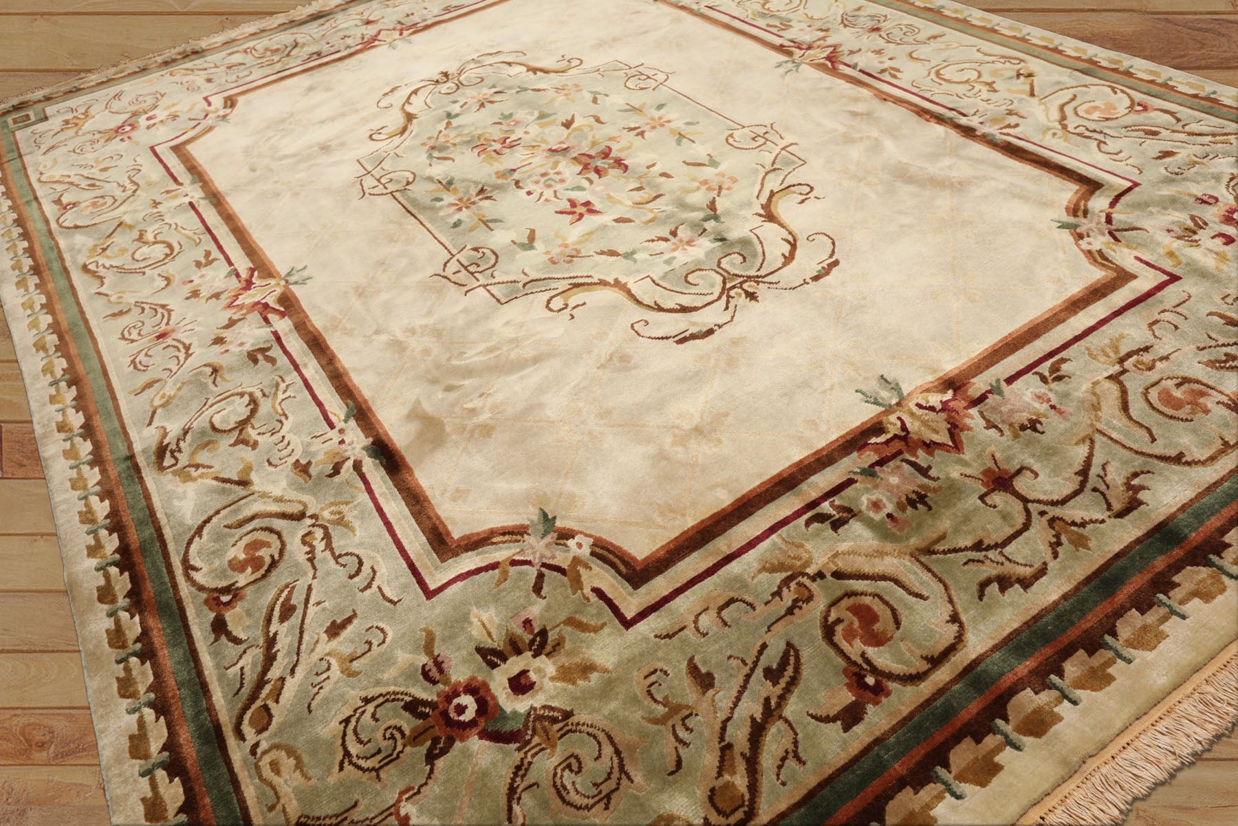 9x12 Ivory, Tan, Mint Color Hand Knotted French Aubusson Savonnerie Wool Traditional Oriental Rug