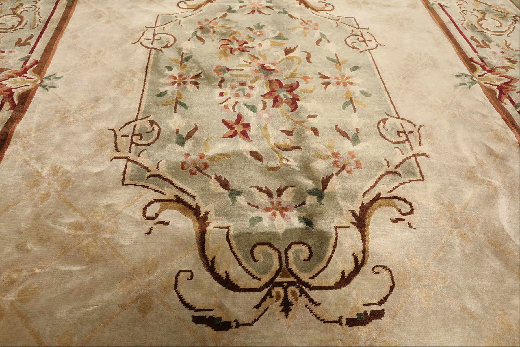 9x12 Ivory, Tan, Mint Color Hand Knotted French Aubusson Savonnerie Wool Traditional Oriental Rug