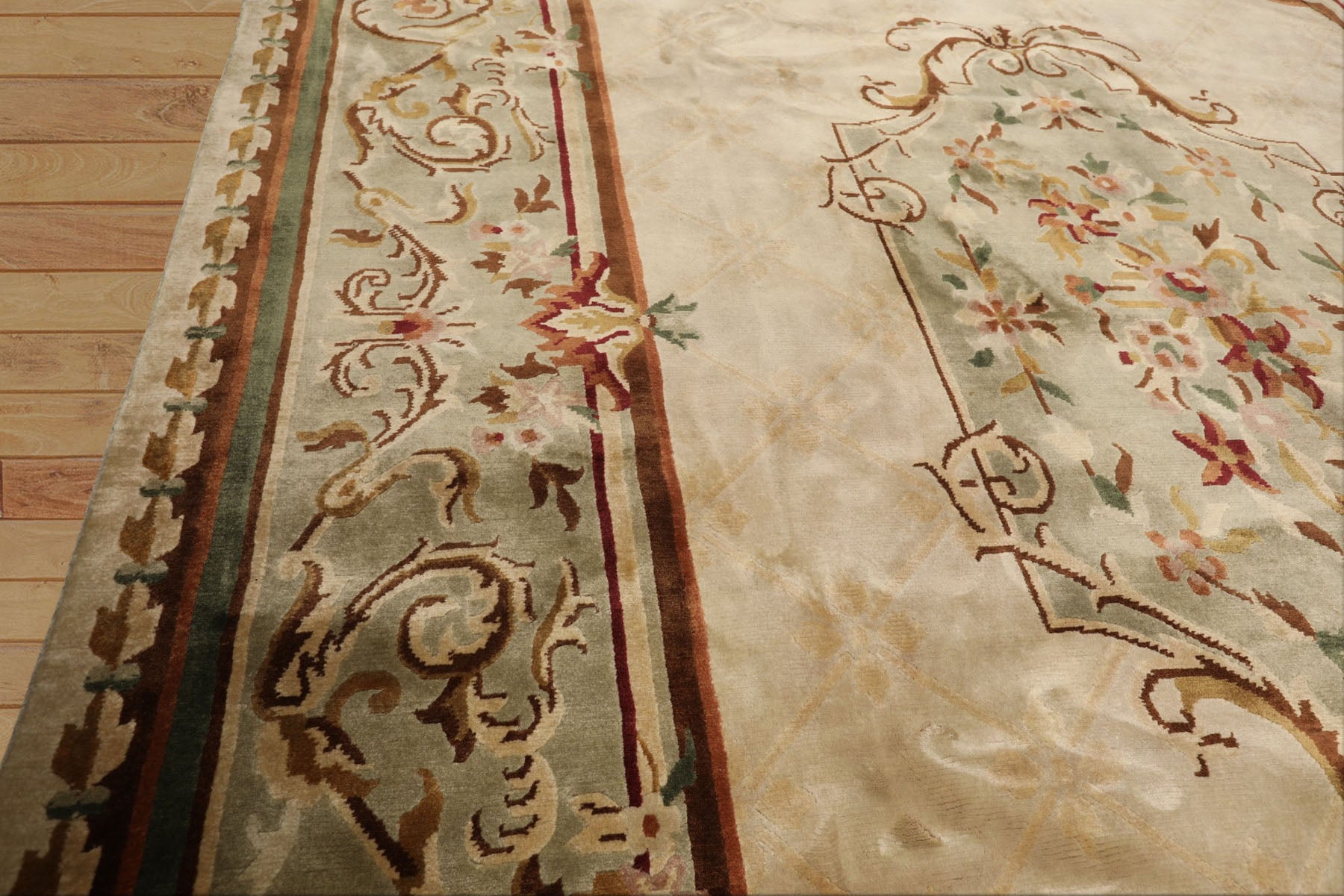 9x12 Ivory, Tan, Mint Color Hand Knotted French Aubusson Savonnerie Wool Traditional Oriental Rug
