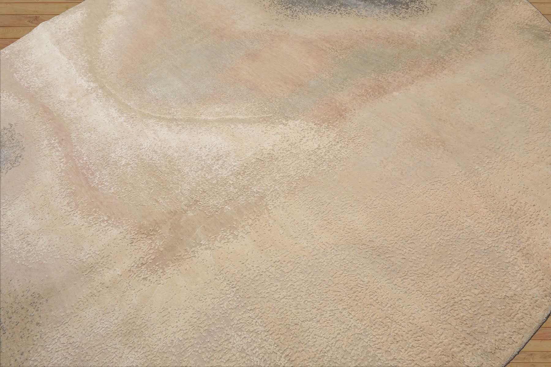 Round Beige, Taupe, Ivory Color Hand Knotted Sherpa Wool and Silk Modern Oriental Rug