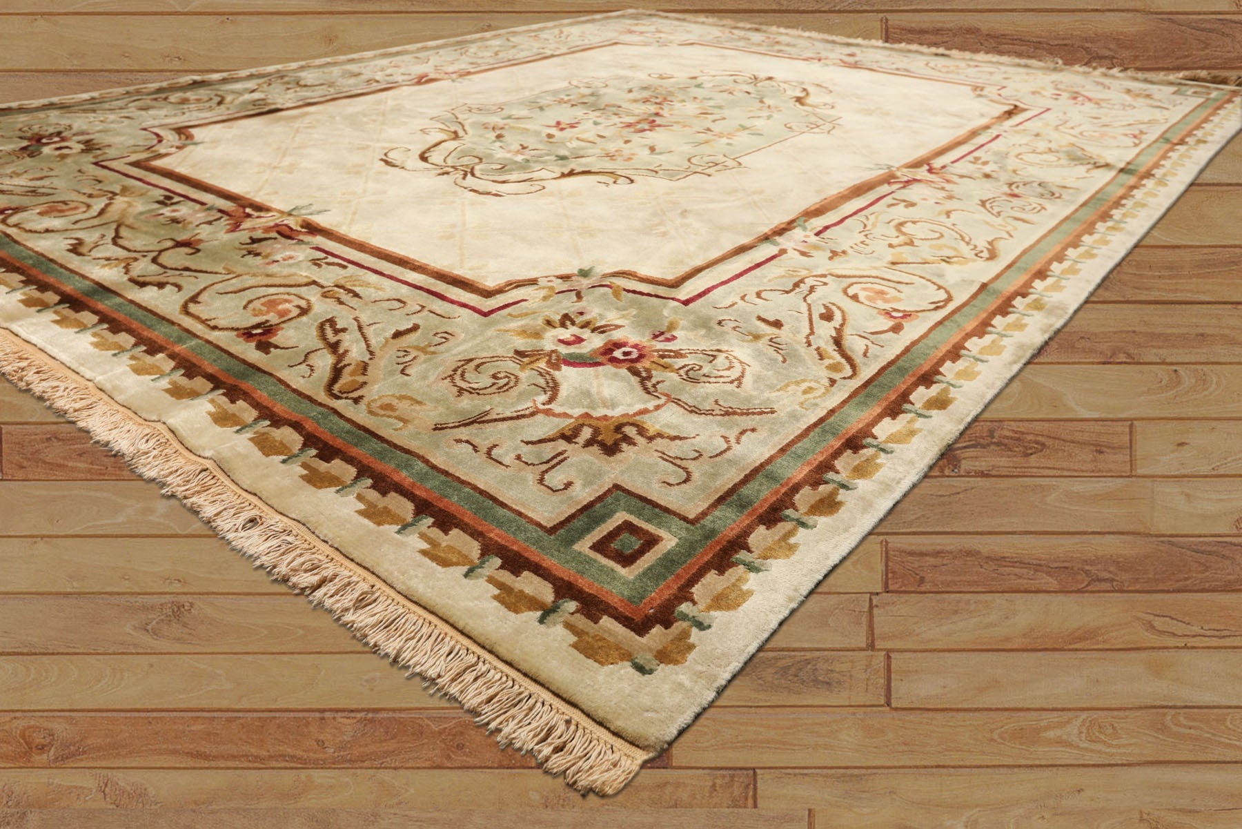 9x12 Ivory, Tan, Mint Color Hand Knotted French Aubusson Savonnerie Wool Traditional Oriental Rug