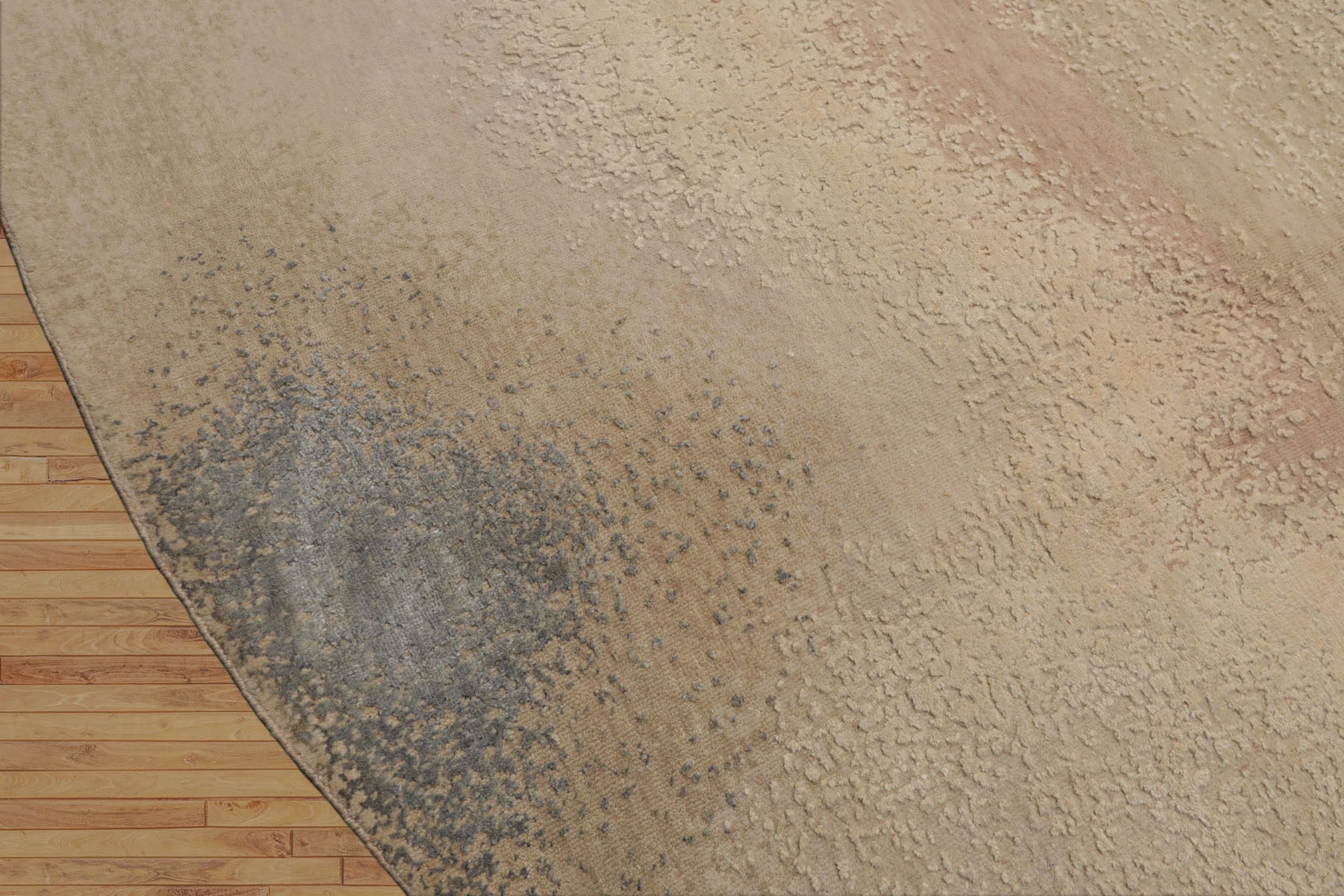 Round Beige, Taupe, Ivory Color Hand Knotted Sherpa Wool and Silk Modern Oriental Rug