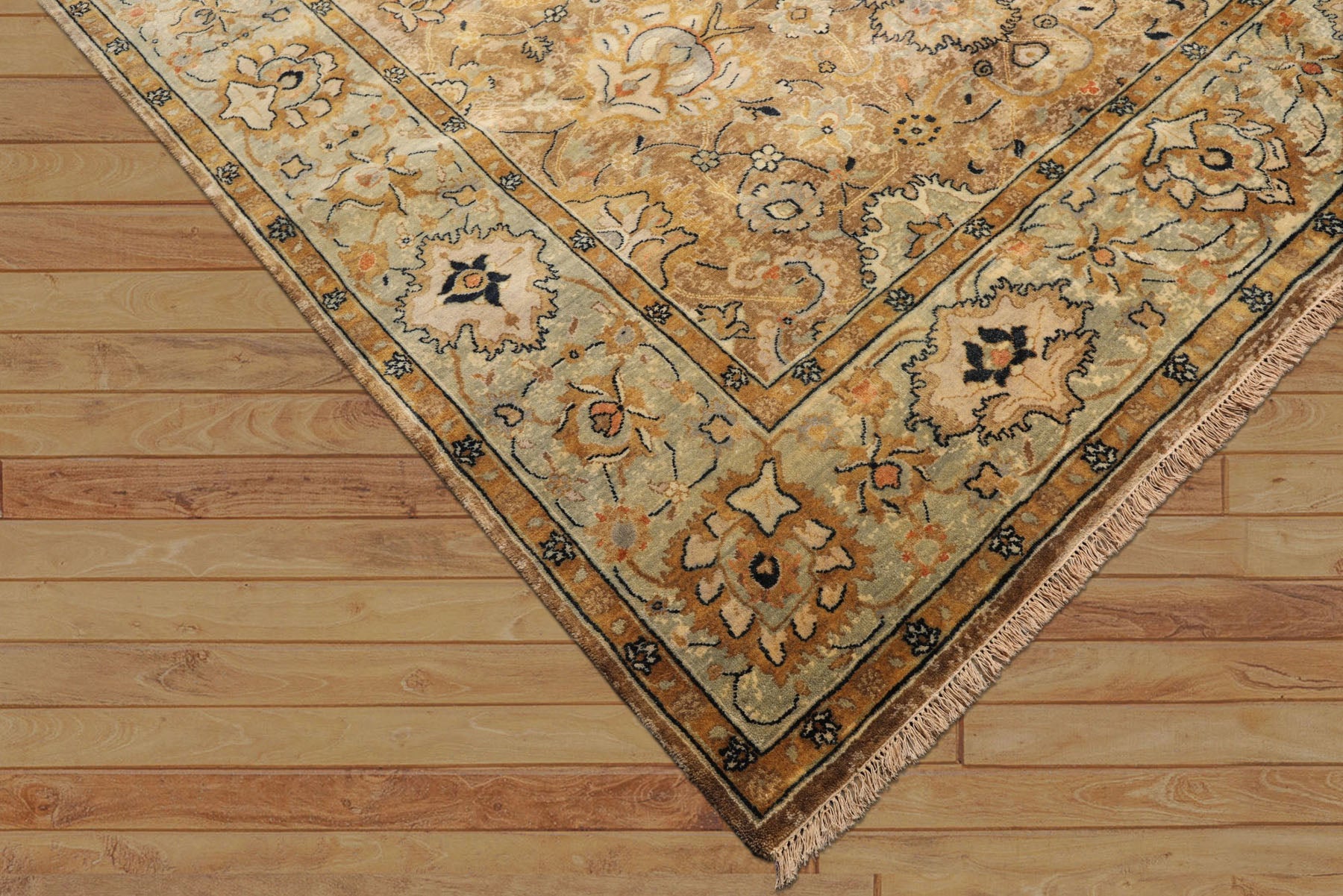 8x10 Mocha, Mint, Navy Color Hand Knotted Agra Wool Transitional Oriental Rug