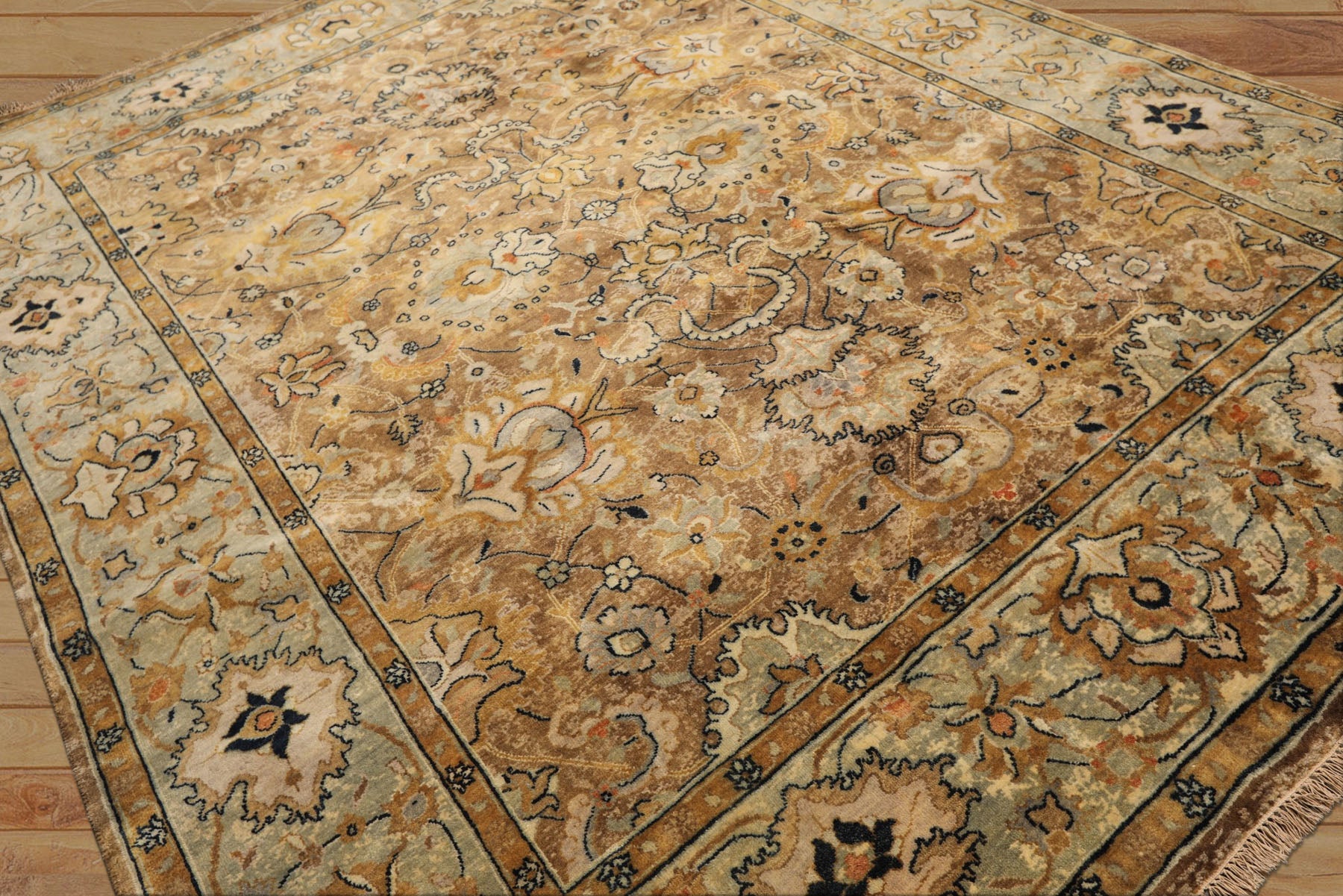 8x10 Mocha, Mint, Navy Color Hand Knotted Agra Wool Transitional Oriental Rug