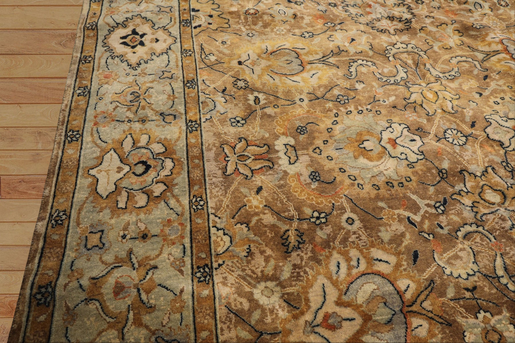 8x10 Mocha, Mint, Navy Color Hand Knotted Agra Wool Transitional Oriental Rug