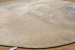 Round Beige, Taupe, Ivory Color Hand Knotted Sherpa Wool and Silk Modern Oriental Rug
