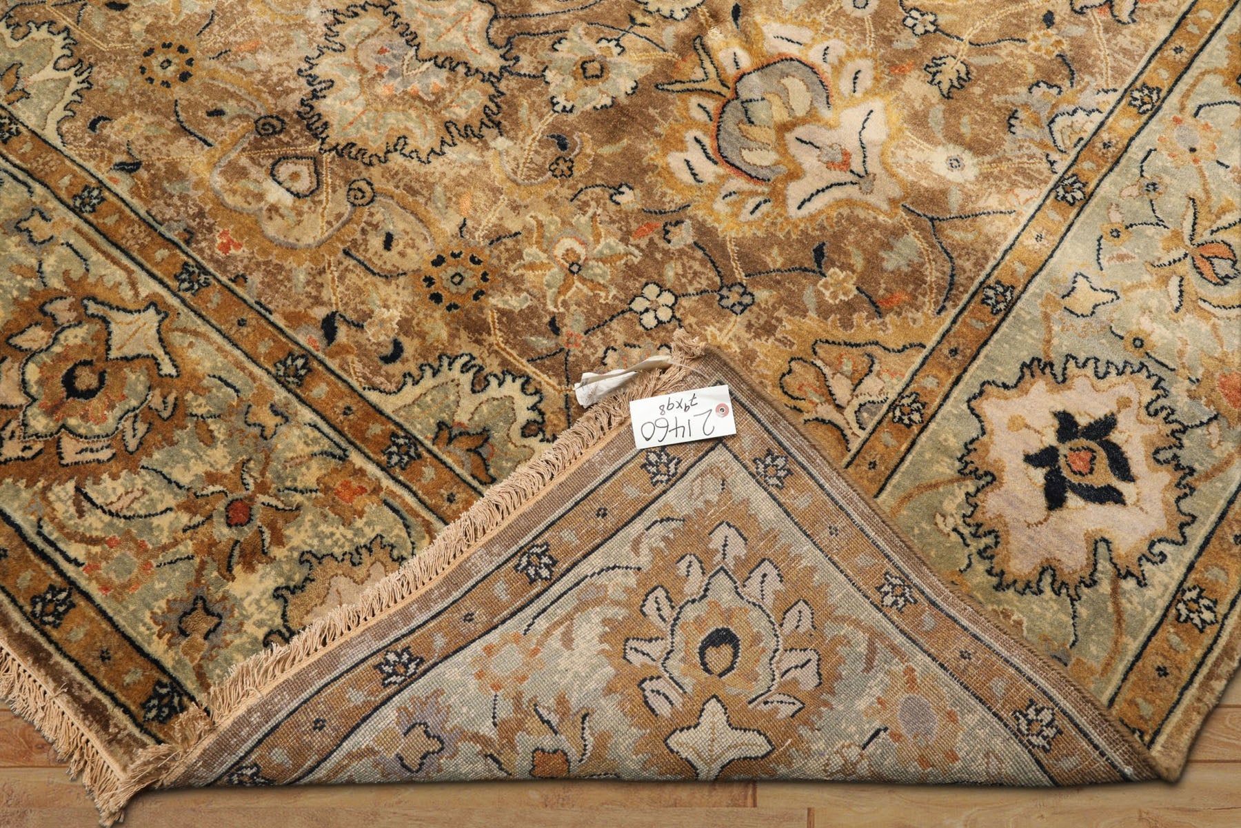 8x10 Mocha, Mint, Navy Color Hand Knotted Agra Wool Transitional Oriental Rug