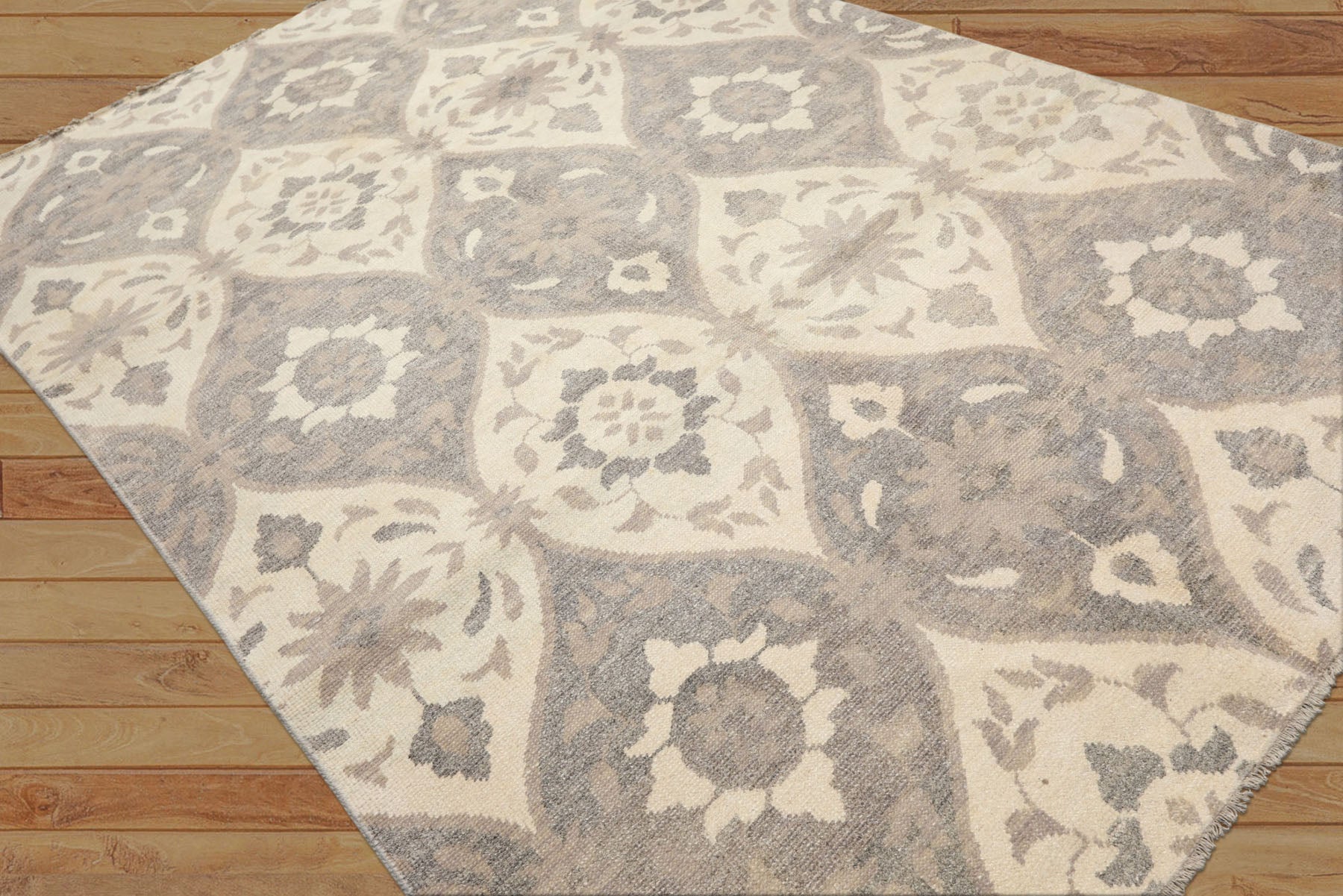 6x9 Ivory, Gray, Taupe Color Hand Knotted Oushak Wool Transitional Oriental Rug