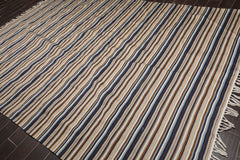 8x10 Tan, Blue, White Color Hand Woven Striped 100% Wool Dhurrie Oriental Rug