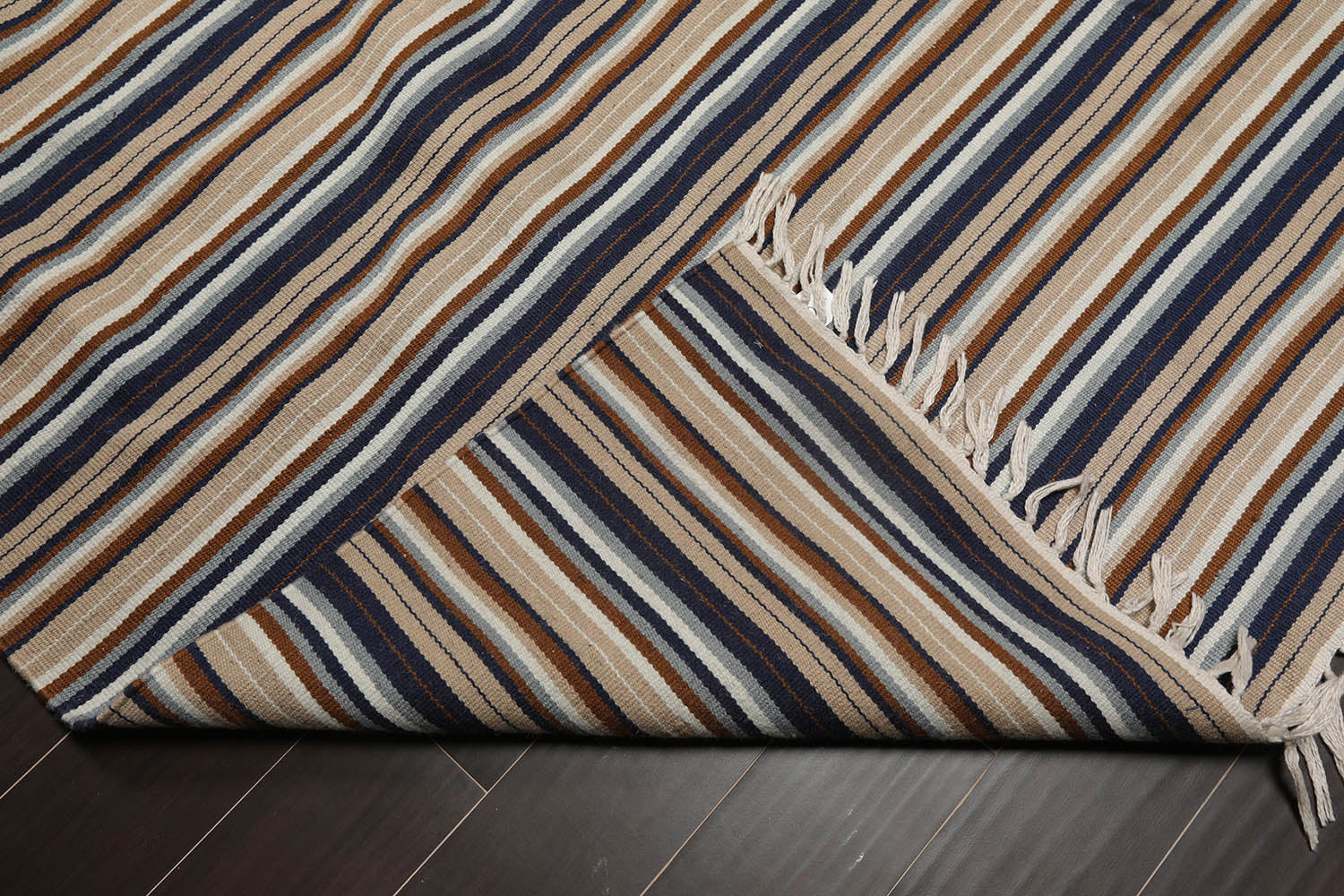 8x10 Tan, Blue, White Color Hand Woven Striped 100% Wool Dhurrie Oriental Rug