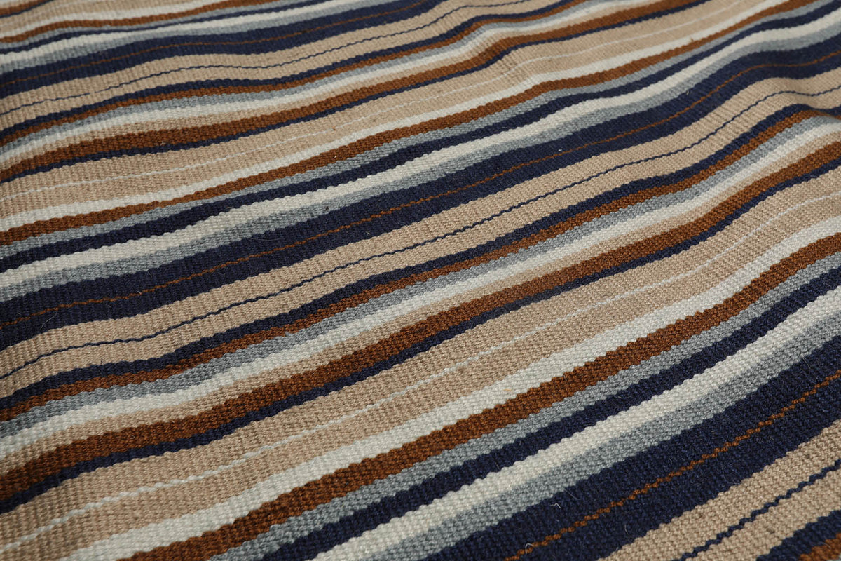 8x10 Tan, Blue, White Color Hand Woven Striped 100% Wool Dhurrie Oriental Rug