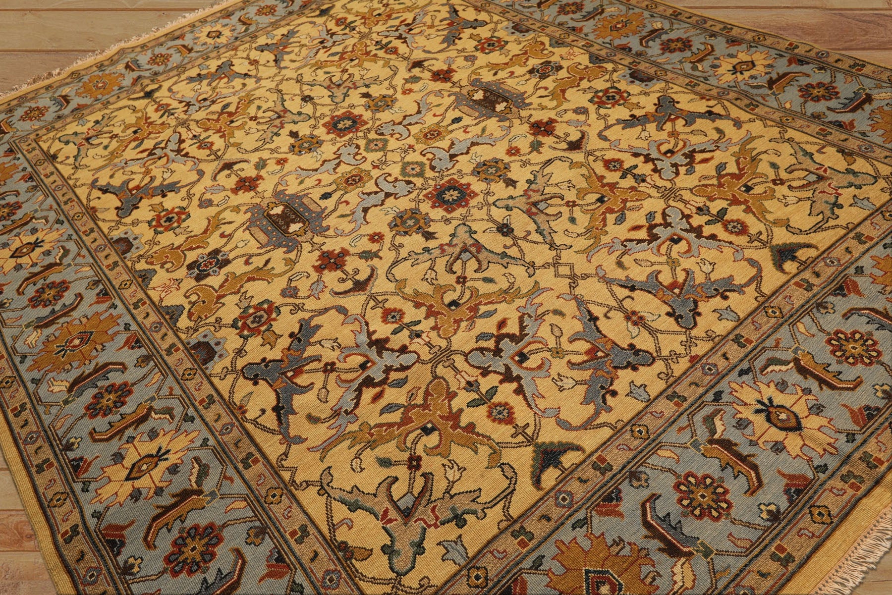 8x10 Gold, Blue, Tan Color Hand Knotted Soumak Wool Traditional Oriental Rug