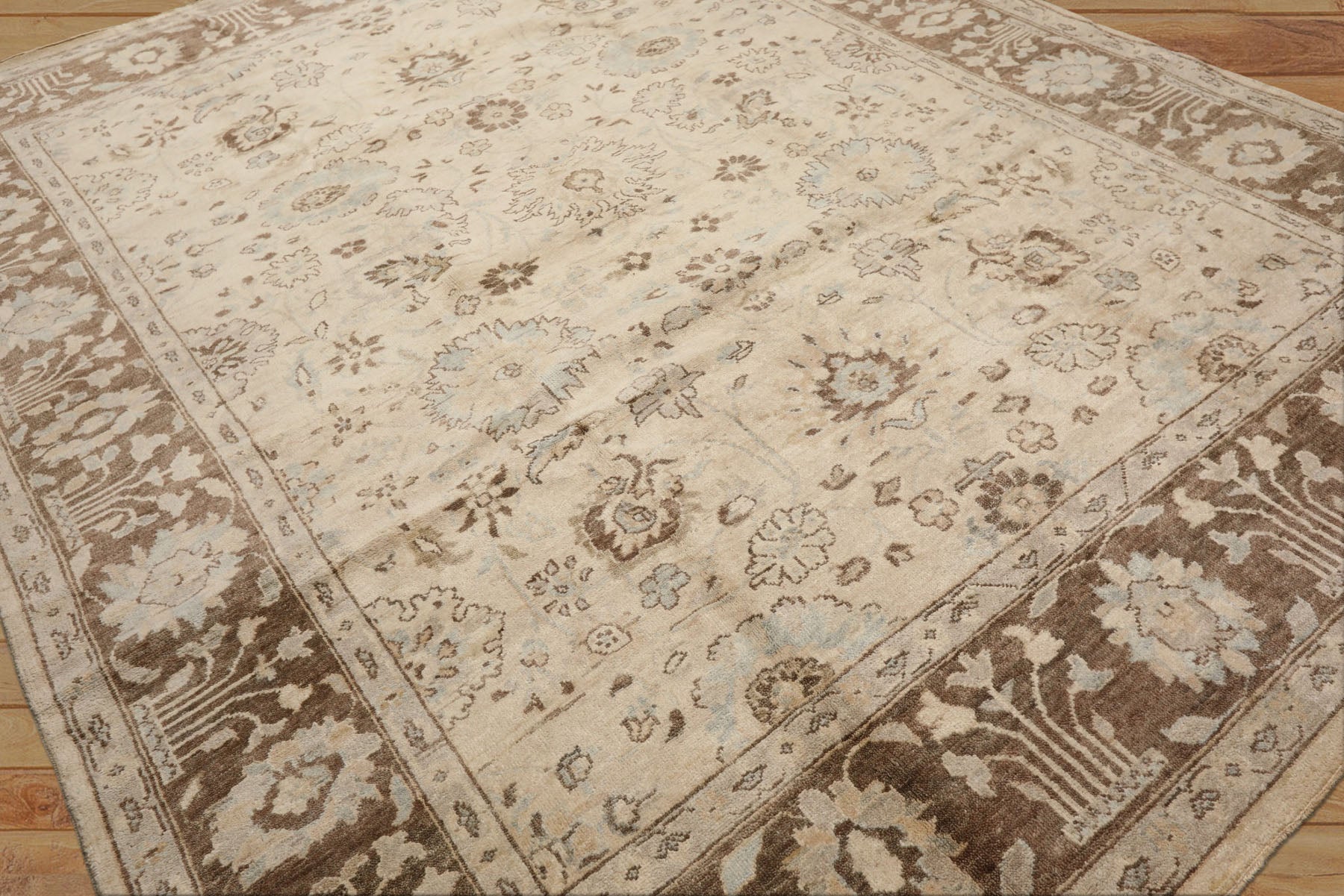 8x10 Beige, Mocha, Aqua Color Hand Knotted Oushak Wool Traditional Oriental Rug