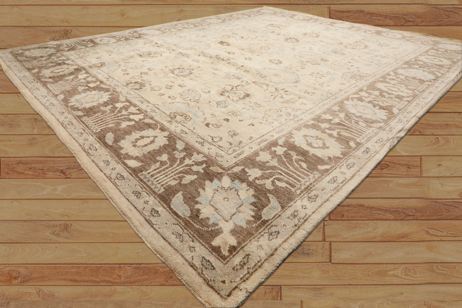 8x10 Beige, Mocha, Aqua Color Hand Knotted Oushak Wool Traditional Oriental Rug