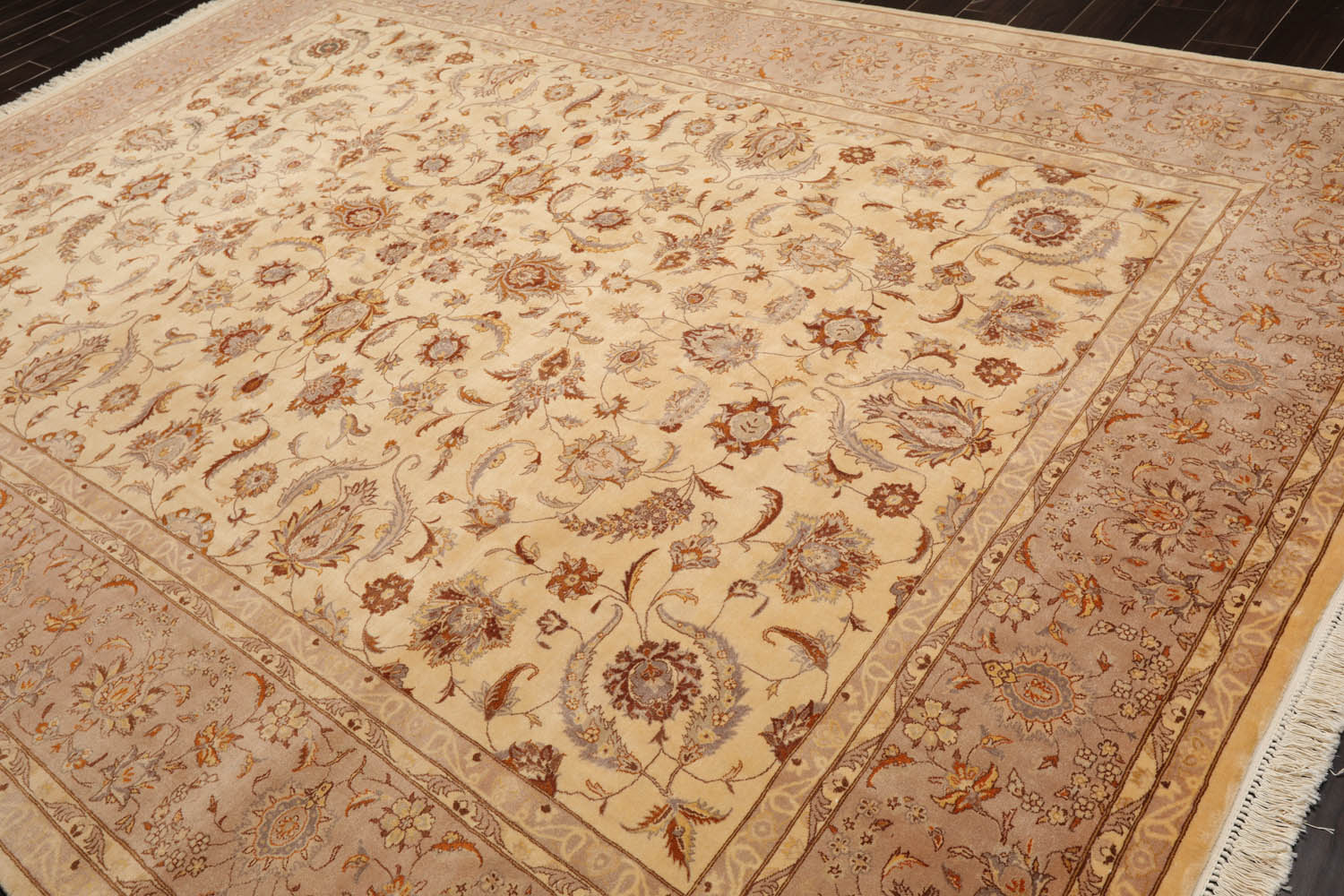 9x12 Ivory, Taupe, Brown Color Hand Knotted All-Over 100% Wool Traditional Oriental Rug