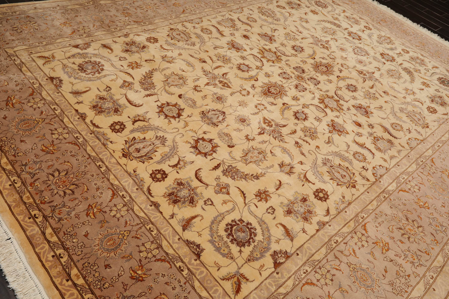 9x12 Ivory, Taupe, Brown Color Hand Knotted All-Over 100% Wool Traditional Oriental Rug