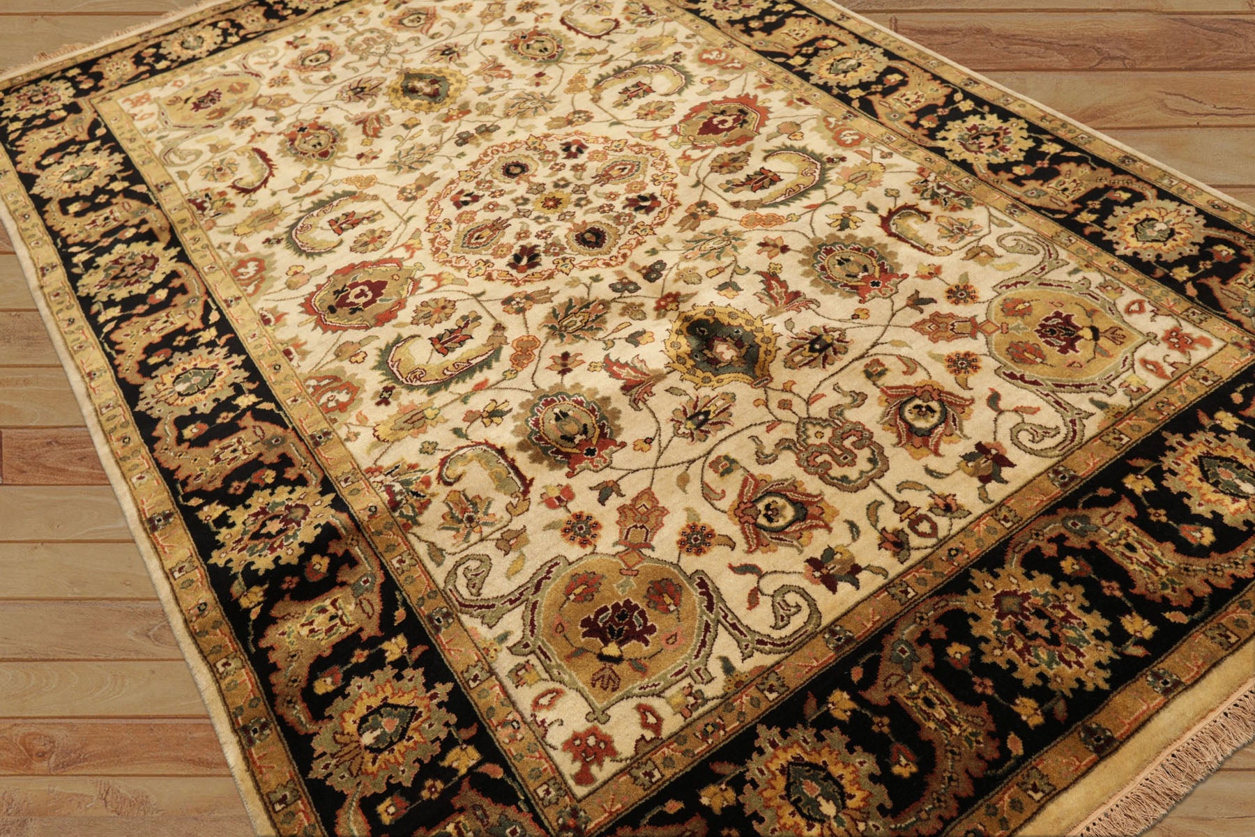 6x9 Beige, Black, Rust Color Hand Knotted Agra New Zealand Wool Traditional Oriental Rug