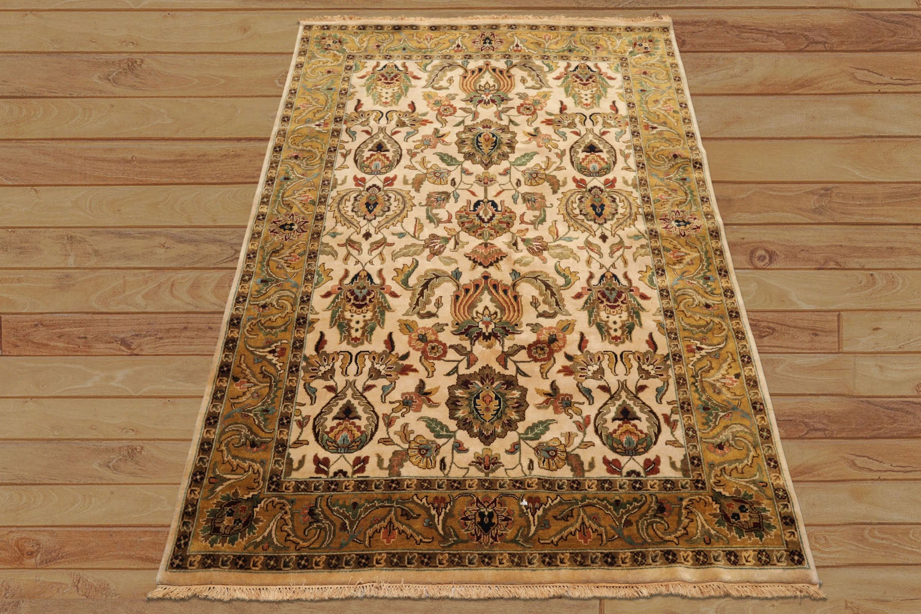 6x9 Ivory, Gold, Sage Color Hand Knotted Agra New Zealand Wool Traditional Oriental Rug