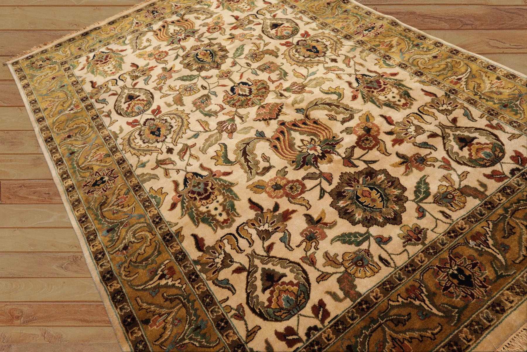 6x9 Ivory, Gold, Sage Color Hand Knotted Agra New Zealand Wool Traditional Oriental Rug