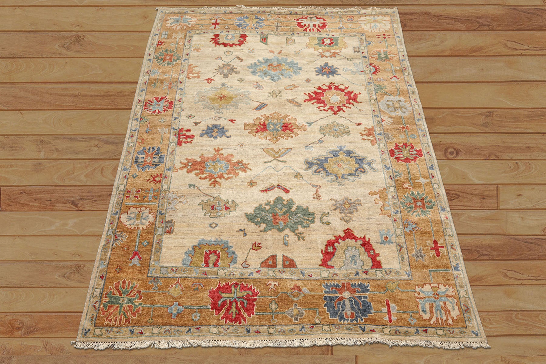 6x9 Beige, Peach, Blue Color Hand Knotted Oushak Wool Traditional Oriental Rug