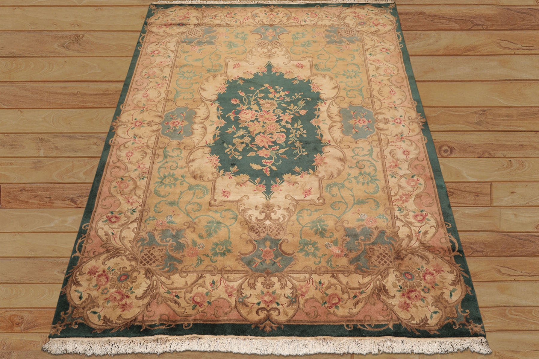 9x12 Emerald, Tan, Rose Color Hand Knotted French Aubusson Savonnerie Wool Traditional Oriental Rug