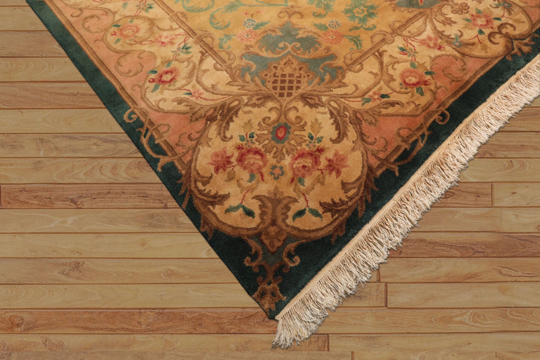 9x12 Emerald, Tan, Rose Color Hand Knotted French Aubusson Savonnerie Wool Traditional Oriental Rug