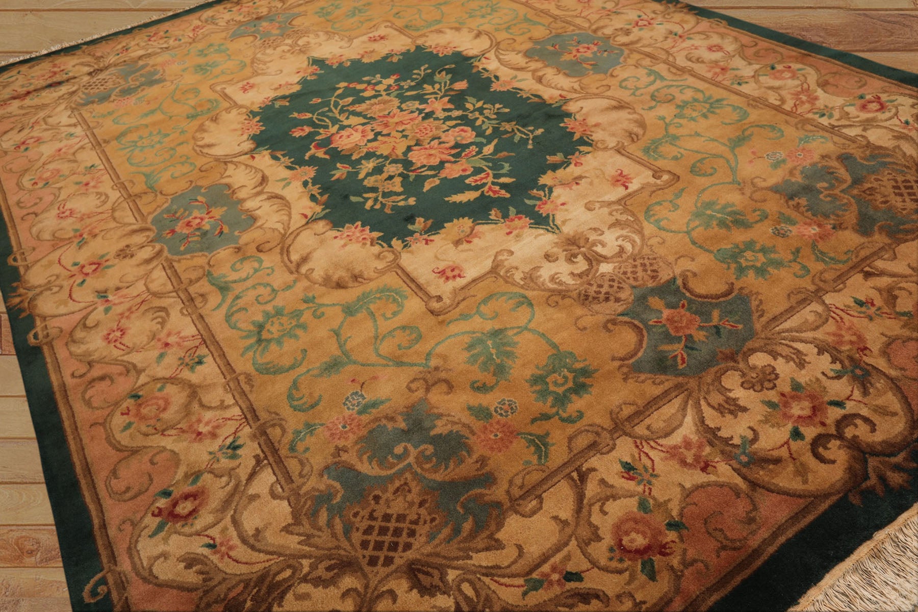 9x12 Emerald, Tan, Rose Color Hand Knotted French Aubusson Savonnerie Wool Traditional Oriental Rug