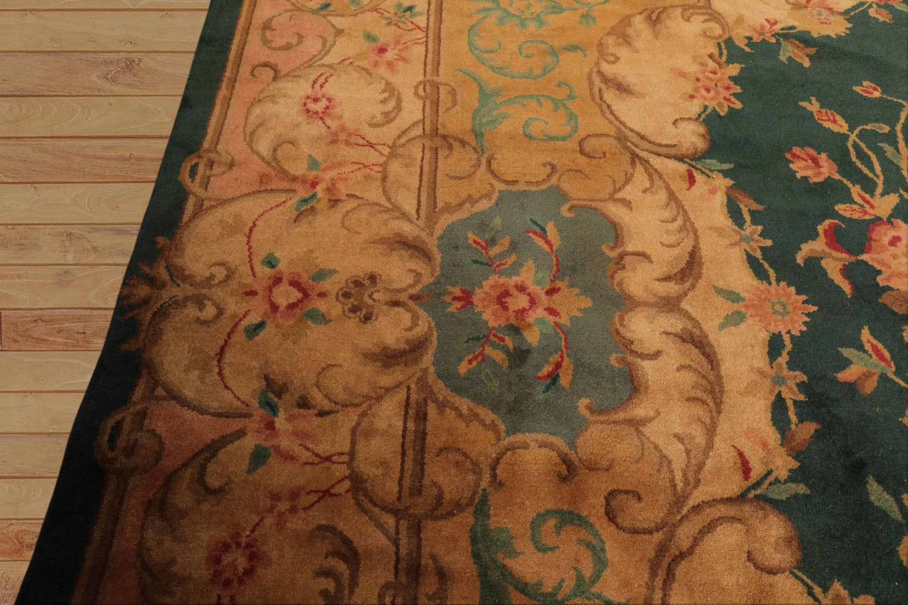 9x12 Emerald, Tan, Rose Color Hand Knotted French Aubusson Savonnerie Wool Traditional Oriental Rug